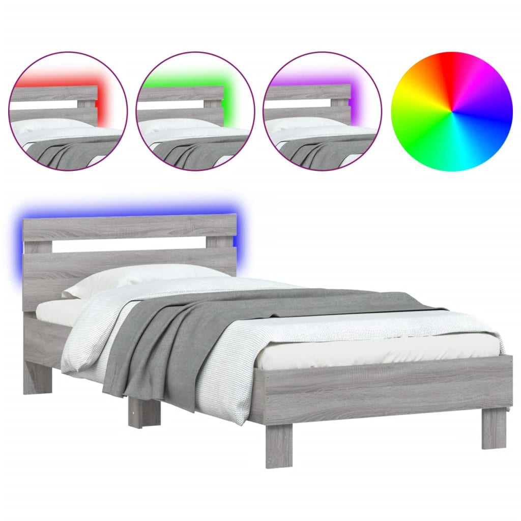 vidaXL Estructura de cama cabecero luces LED gris Sonoma 90x190 cm