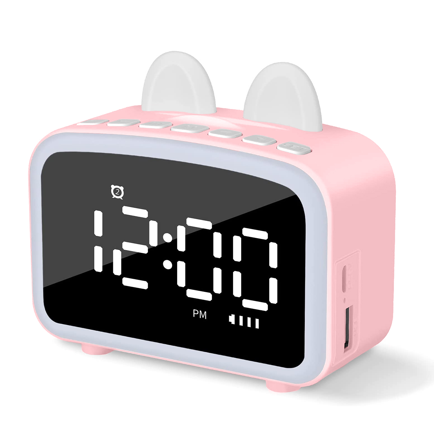 DAM. Reloj despertador LCD con luz nocturna, altavoz Bluetooth incorporado, termómetro, radio, soporte de smartphone. Batería recargable. 10x4x9cm