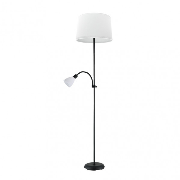 Pie de salon rilon 1xe27+1xe14 c/lector negro  pantalla blanca 175,5x40x40 cm