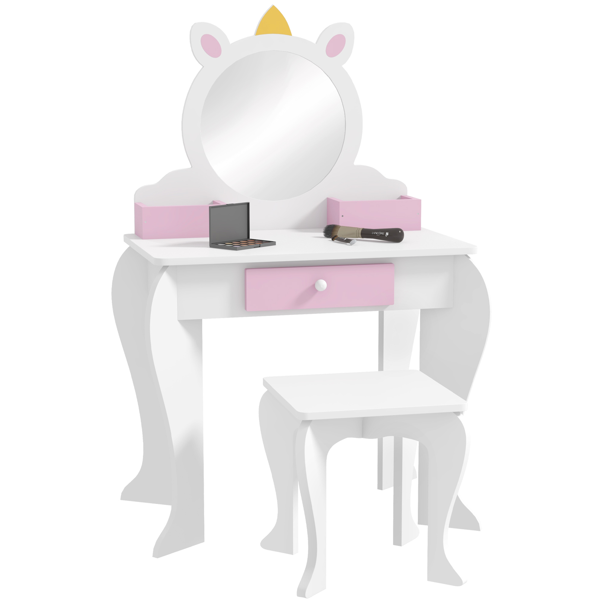 ZONEKIZ Tocador Infantil con Taburete y Espejo, Tocador para Niñas con Cajón, Compartimentos, Diseño de Unicornio, Mesa de Maquillaje para Niños y Niñas de 3-6 Años, Blanco