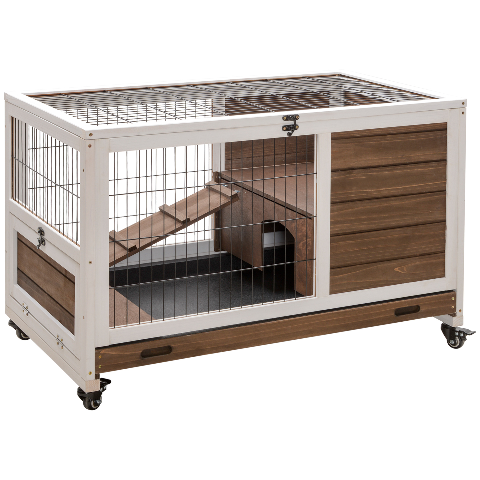 PawHut Jaula para Conejos de Madera Conejera para Mascotas Pequeñas Portátil Interior con Techo Abrible Rampa Bandeja Extraíble para Conejillos de Indias 90x53x59 cm Madera Natural