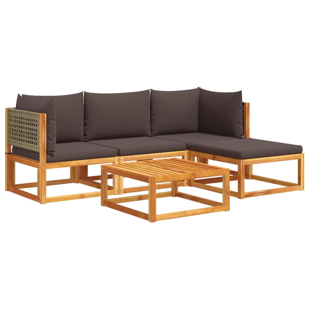 vidaXL Conjunto de sofá de jardín de 5 piezas con cojines de madera de acacia y ratán