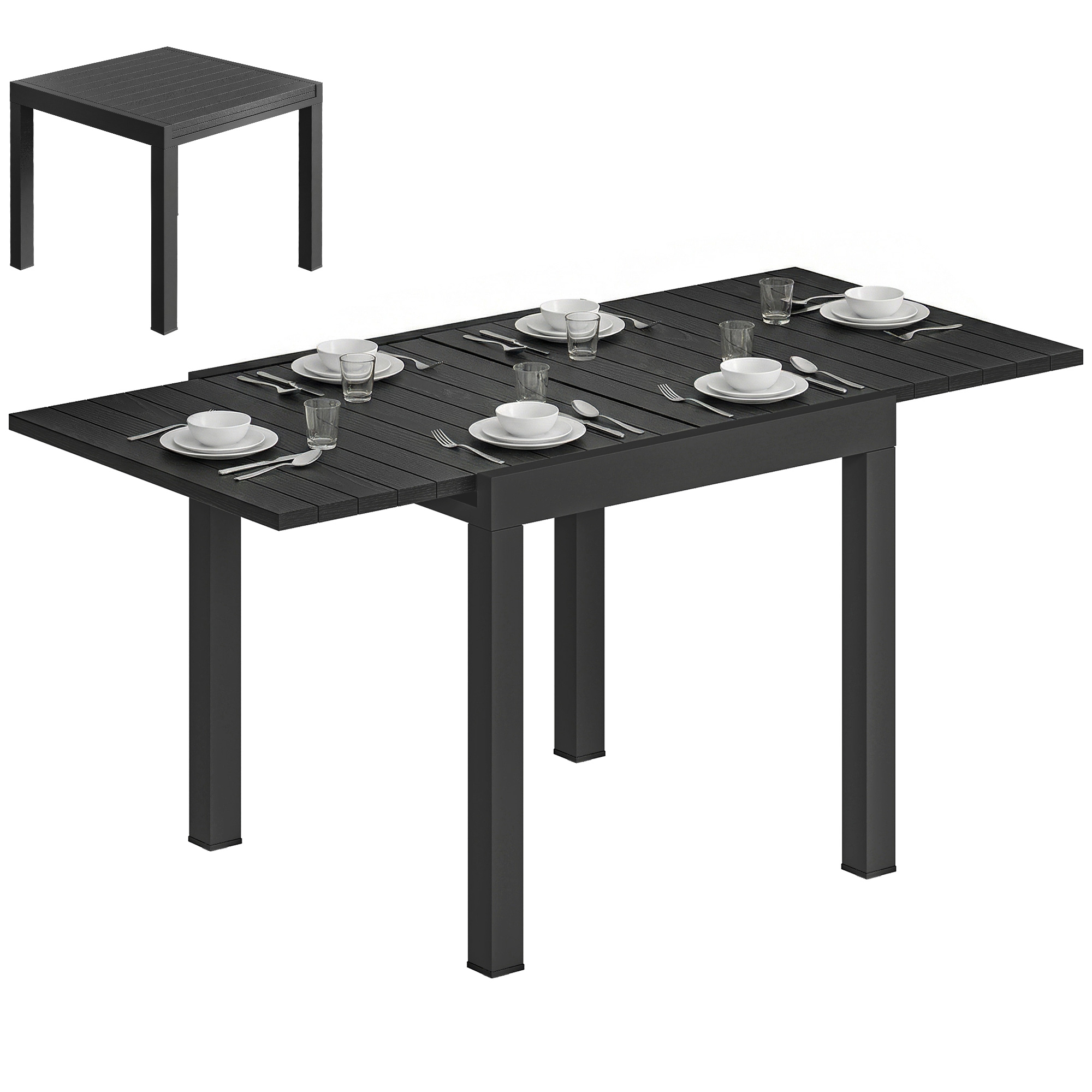 Outsunny Mesa de Jardín Extensible 80/160x80 cm, Mesa de Comedor Exterior Extensible Rectangular de Aluminio, con Superficie de Lamas de Efecto Madera, para 4-6 Personas, para Patio, Terraza, Negro