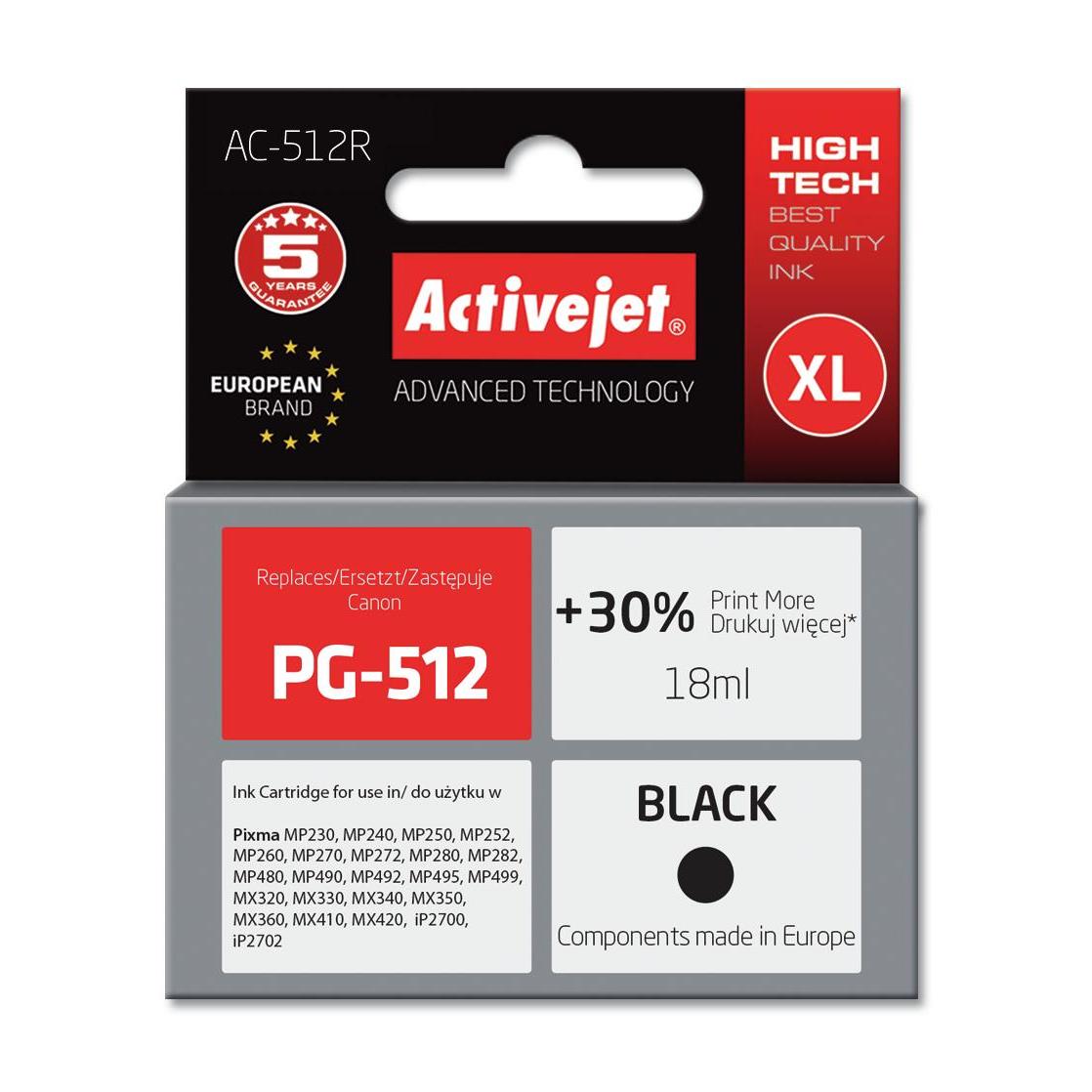 Activejet Black Ink Cartridge for Canon PG-512, XL high-performance 18ml pigment ink, compatible with PIXMA MP and MX series printers, ideal refillable option for quality printing.