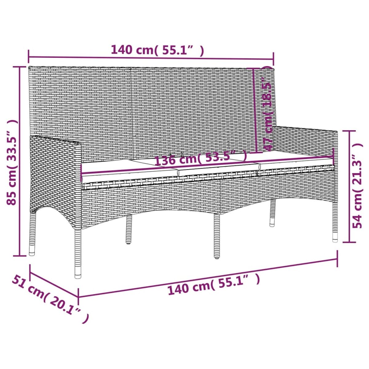 Banco de jardín VidaXL 3 plazas con cojines 85x140x51 cm