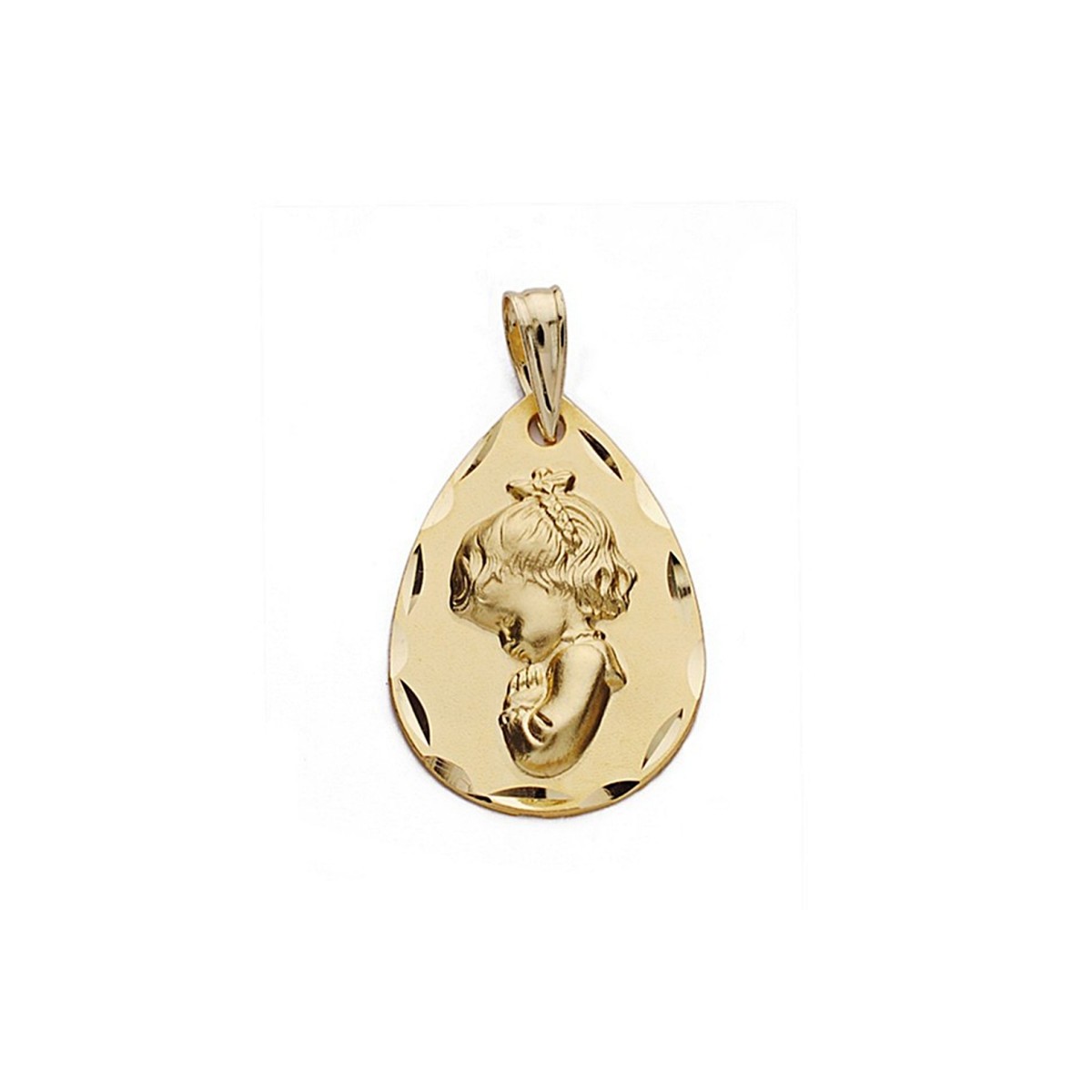 Medalla oro 18k colgante Virgen Niña 21mm. forma lágrima borde detalles tallados