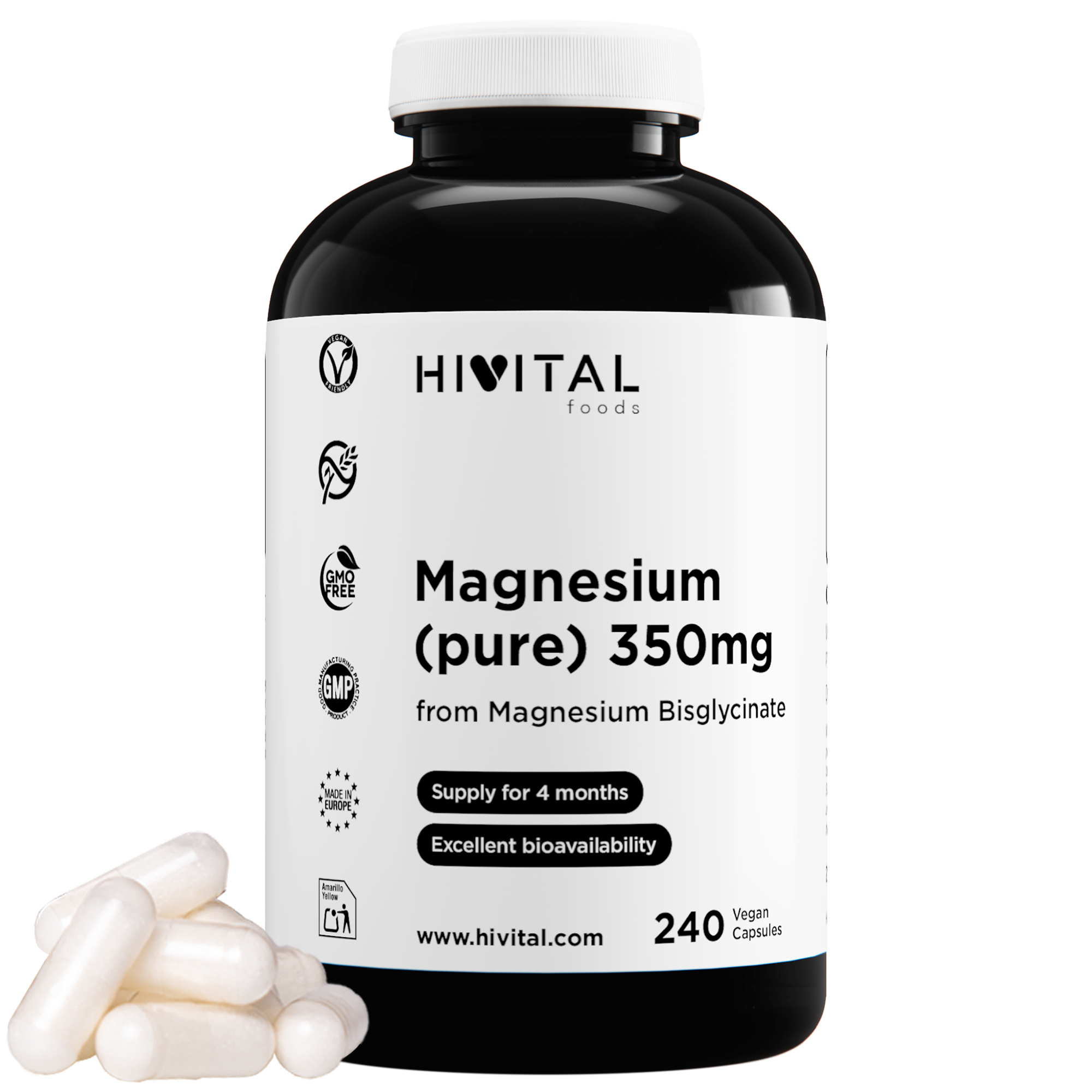 Magnesio 350 mg (Bisglicinato de Magnesio) | 240 cápsulas veganas. Hivital