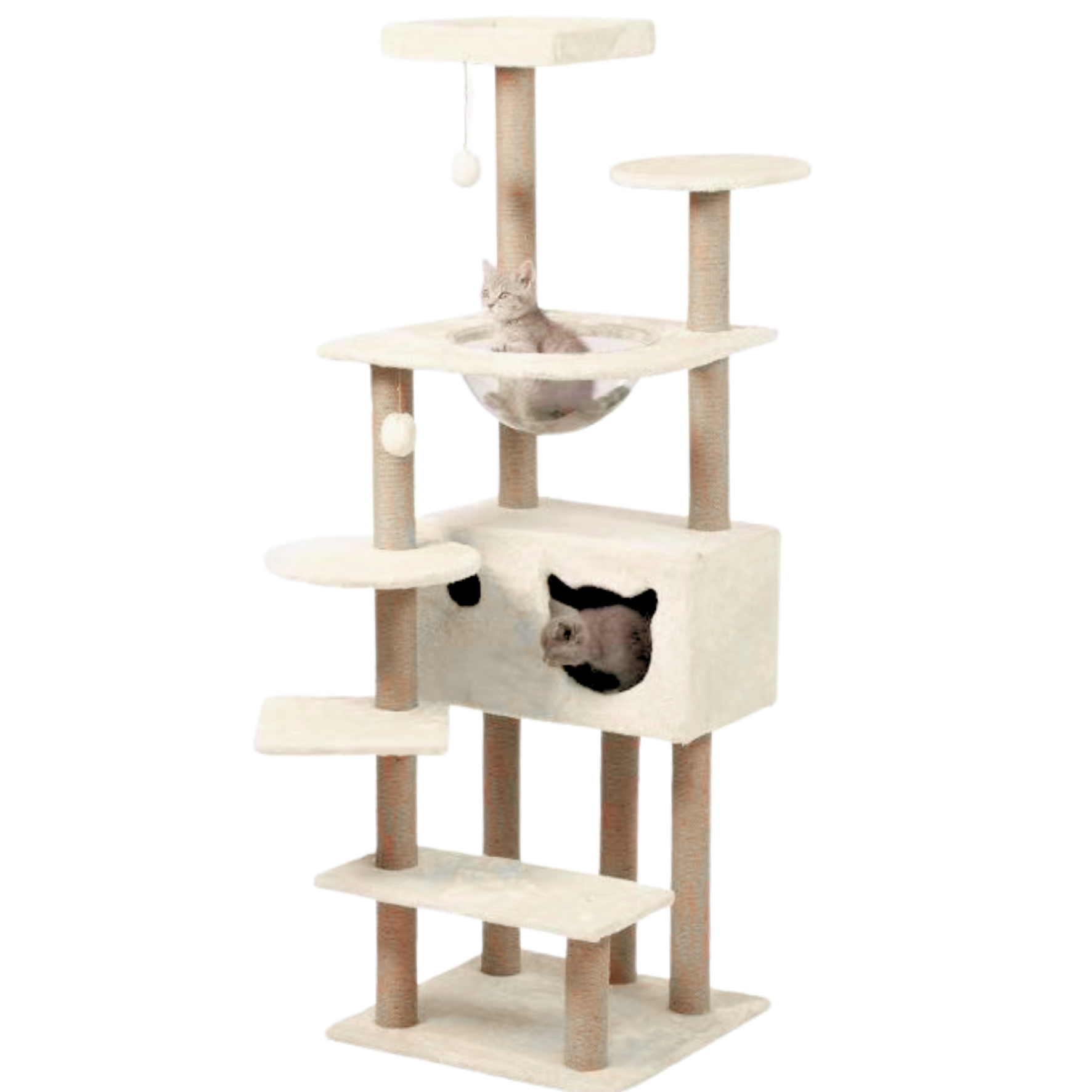PETOO-Árbol Rascador para Gatos 153 cm con Casa, Hamaca y Plataformas, Base 50x50 cm, Beige