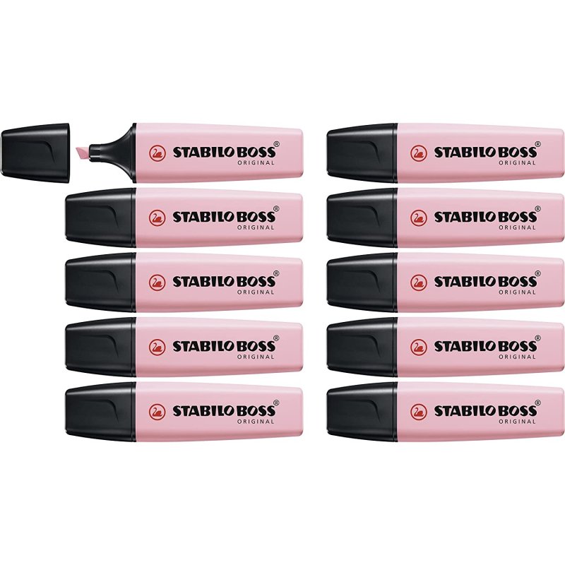 Stabilo Boss Original Pastel 10 Highlighters - Set of 10 fluorescent markers with anti-dry technology, water-based ink, and recyclable materials, ideal for school supplies and stationery needs.