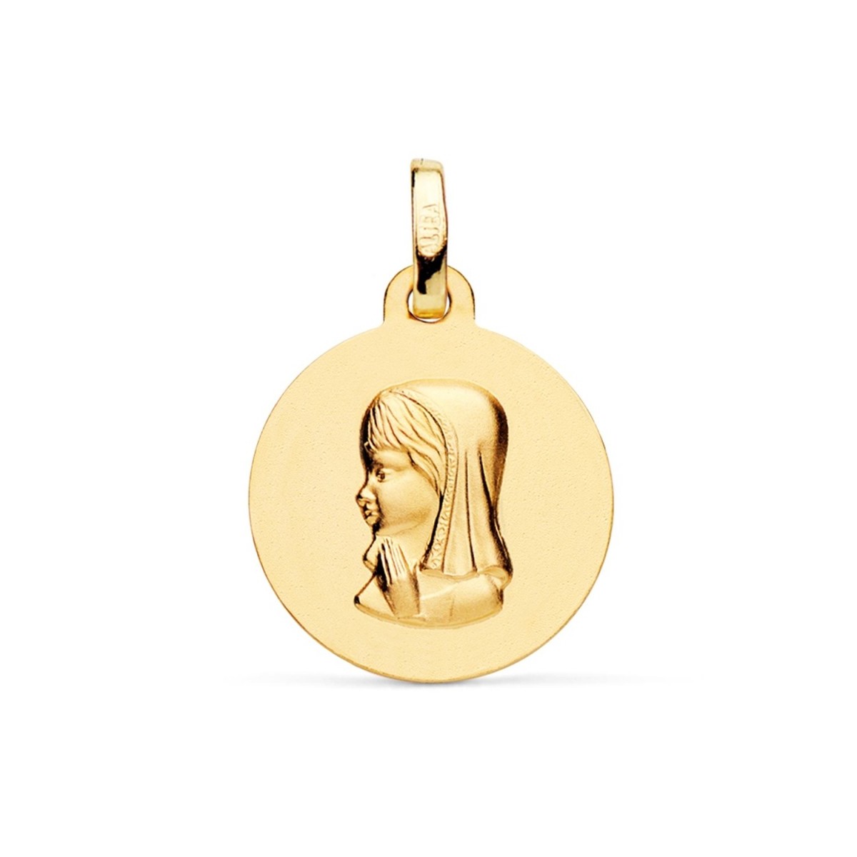 Medalla oro 18k Virgen Niña 16mm. lisa redonda