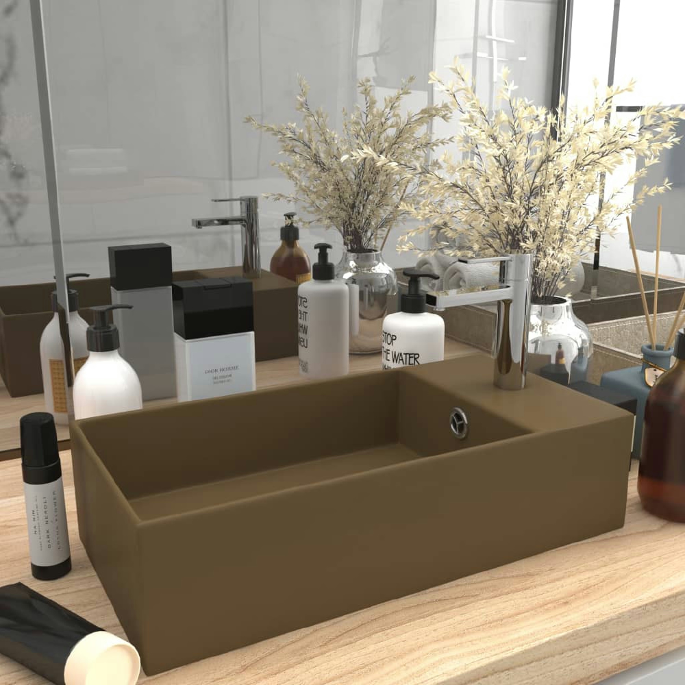 vidaXL LAVABO CON REBOSADERO CERÁMICA CREMA MATE