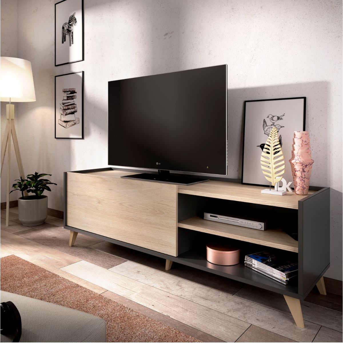 Mueble de TV Ness puerta abatible y 2 compartimentos 47x155x43 cm