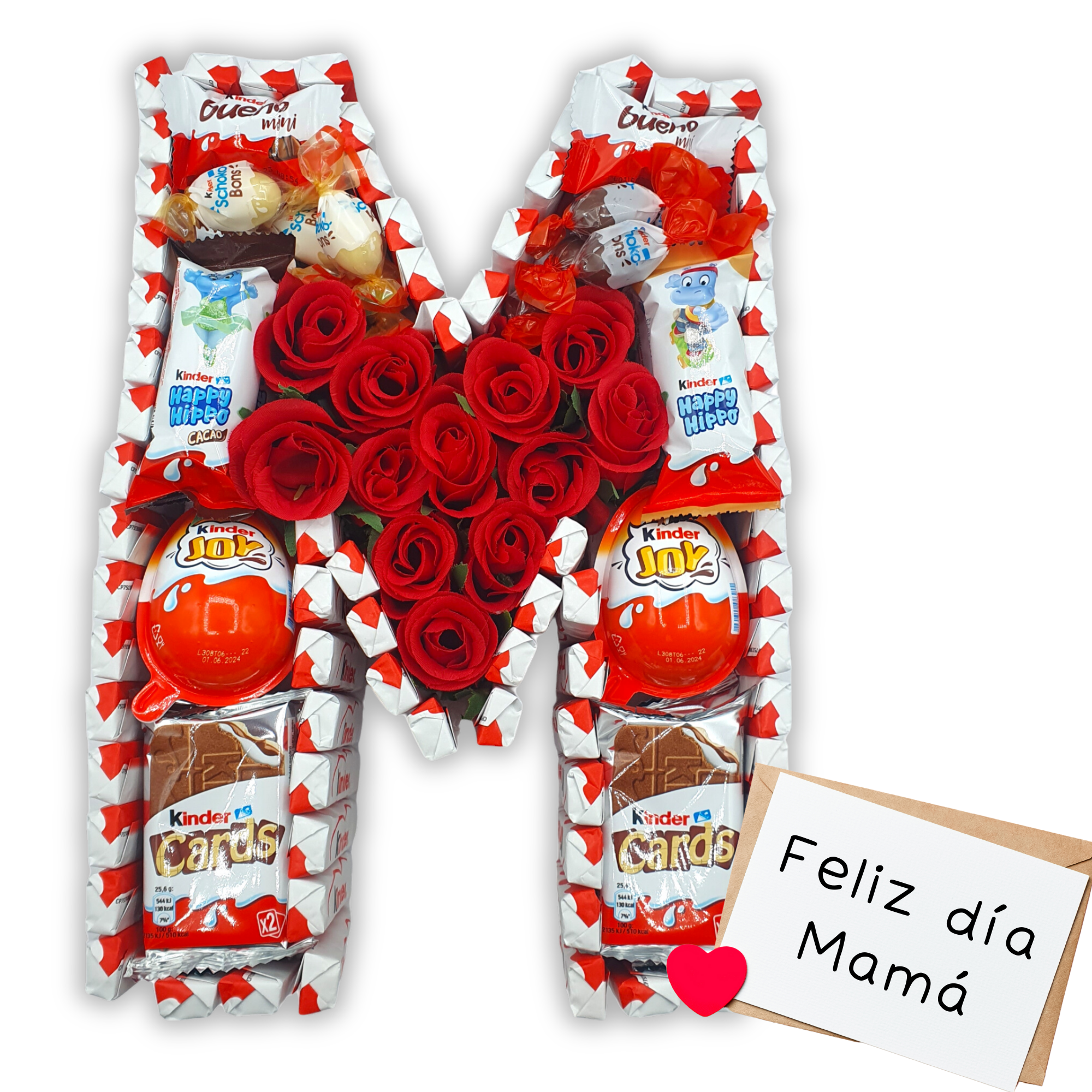 Regalo dia de la Madre Kinder - Letra M Rellena de Chocolates Kinder y Rosas  + 100 Chocolates - Regalo Ideal para el Dia de la Madre - 30 cms. Kinder Bueno - Huevos Kinder - Kinder Cards [IAMI]