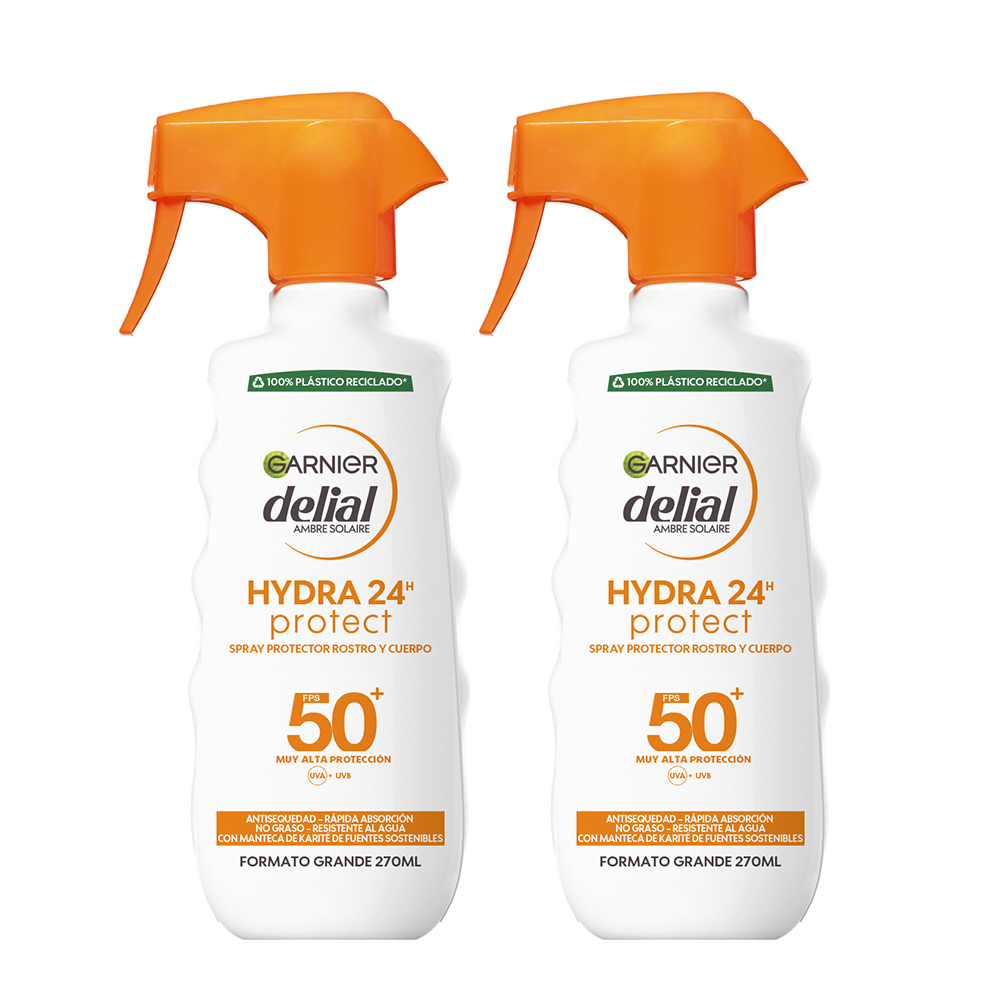GARNIER | Delial Spray Protector SPF 50+ HYDRA 24 Protect Muy Alta Protección Resistente al Agua, Fórmula Hidratante No Grasa con Manteca de Karité de Fuentes Sostenibles Para una Piel Protegida, Hidratada y Suave 2x270ml.
