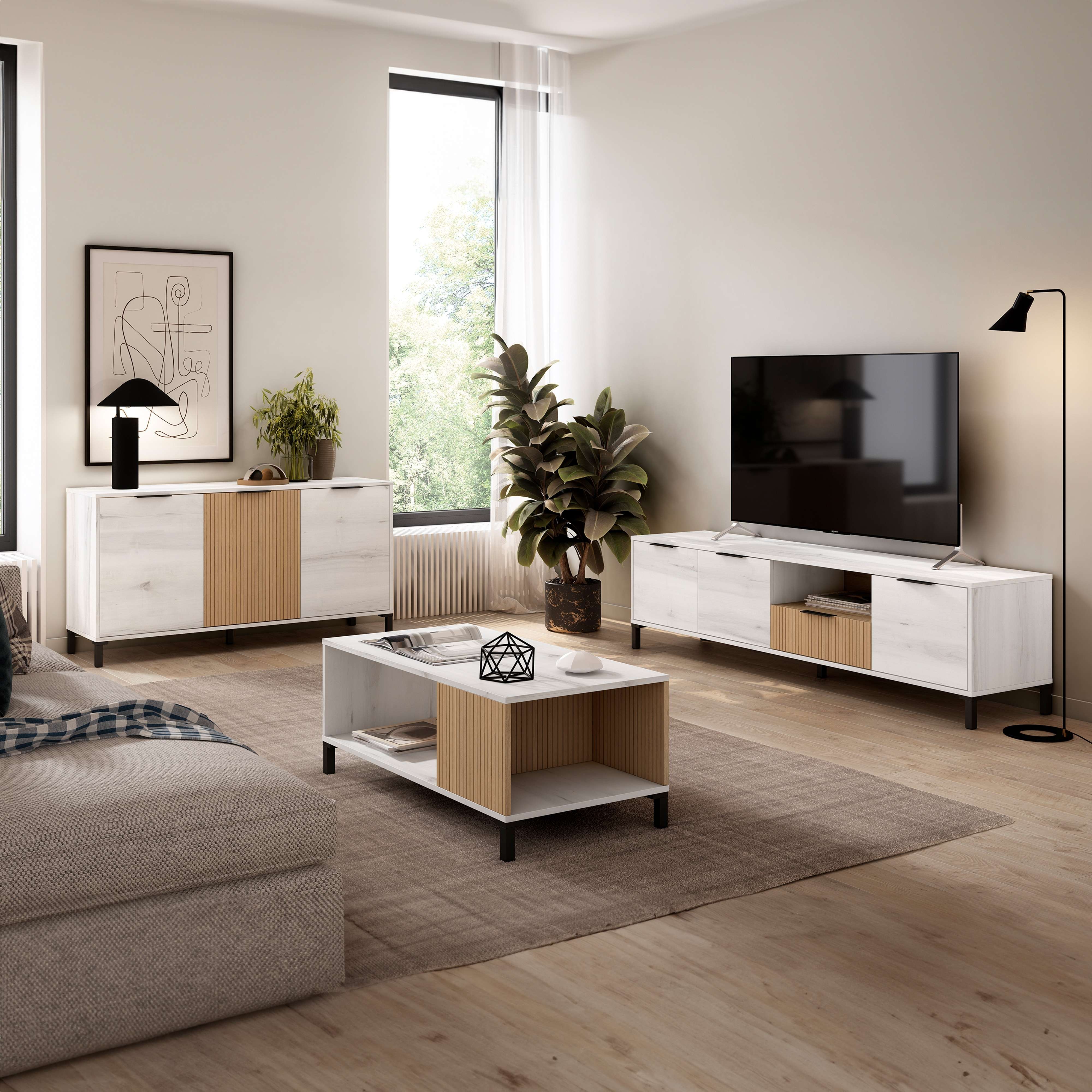 Miroytengo Conjunto de Muebles de Salón Comedor Tokio Estilo Nórdico en Color bLanco Albo y Roble Rayado (Aparador + Mesa de Centro + Mueble de TV)