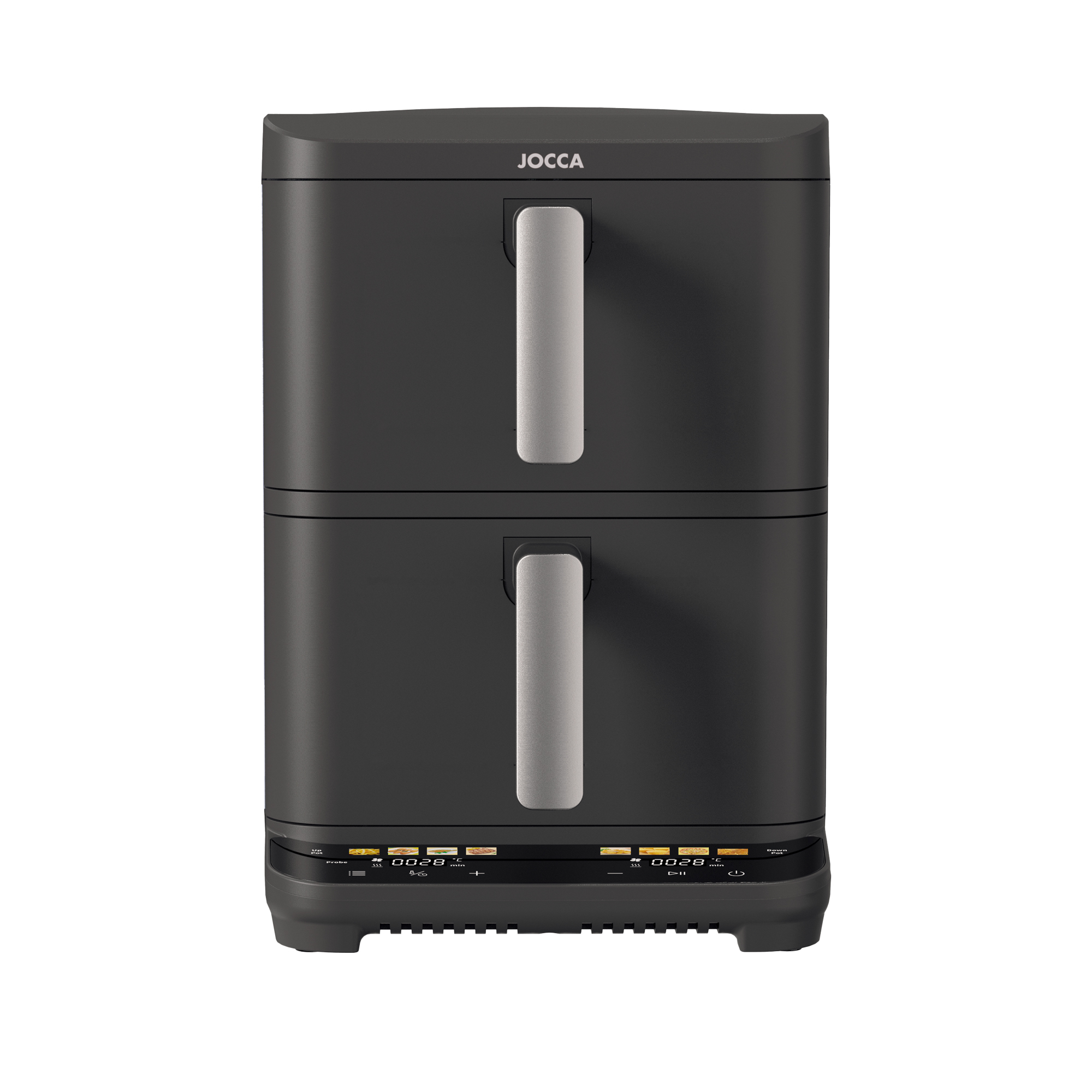 Freidora de aire apilable digital Jocca 10L (5+5L), doble cajón independiente, 7 programas, deshidratador, pantalla táctil, 2 resistencias, 80-230°C, temporizador 0-60 min, cocción saludable sin aceite. 2200W. Fácil de usar y limpiar.