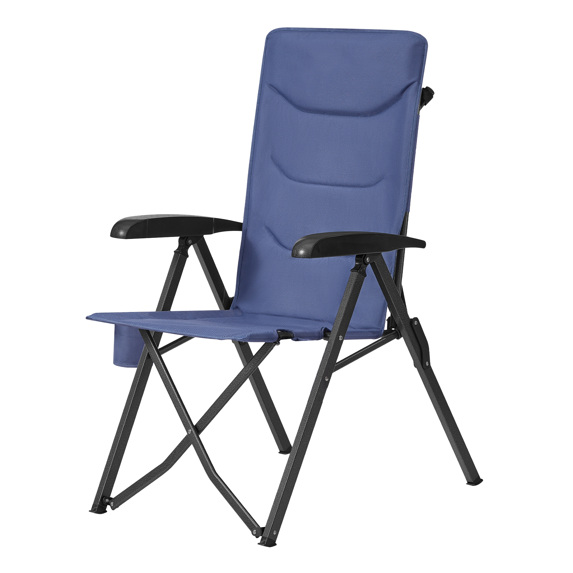SONGMICS Silla de Camping para Adultos, Reclinable 95°-150°, Plegable, Respaldo alto Ajustable, con Portavasos y Bolsa con Correa para el Hombro, Jardín, Pícnic, Pesca, Negro/Azul/Gris