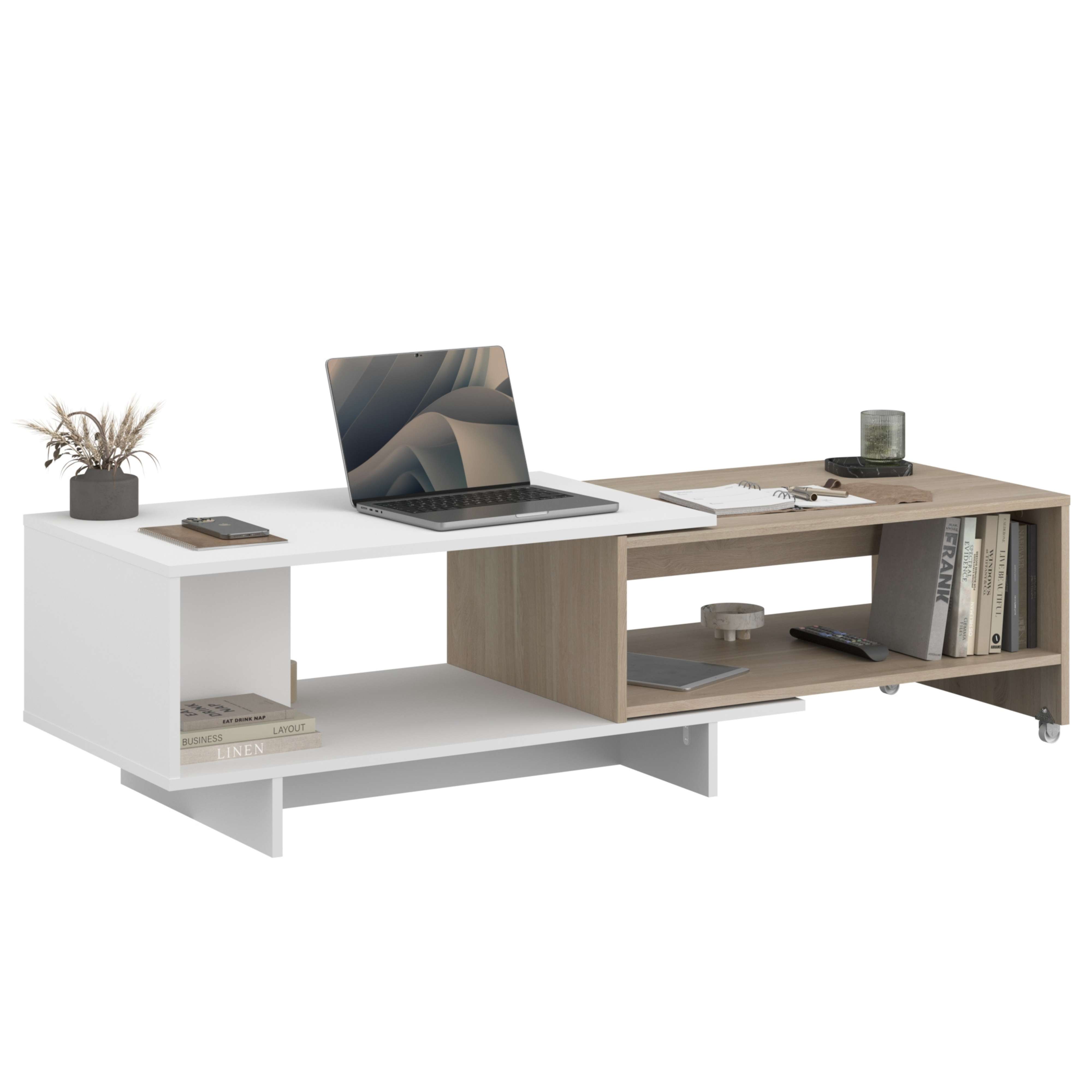 Miroytengo Mesa de Centro Lugo Salón Comedor, Mesa Extensible, Blanco y Roble Japón 110-149x40x50 cm