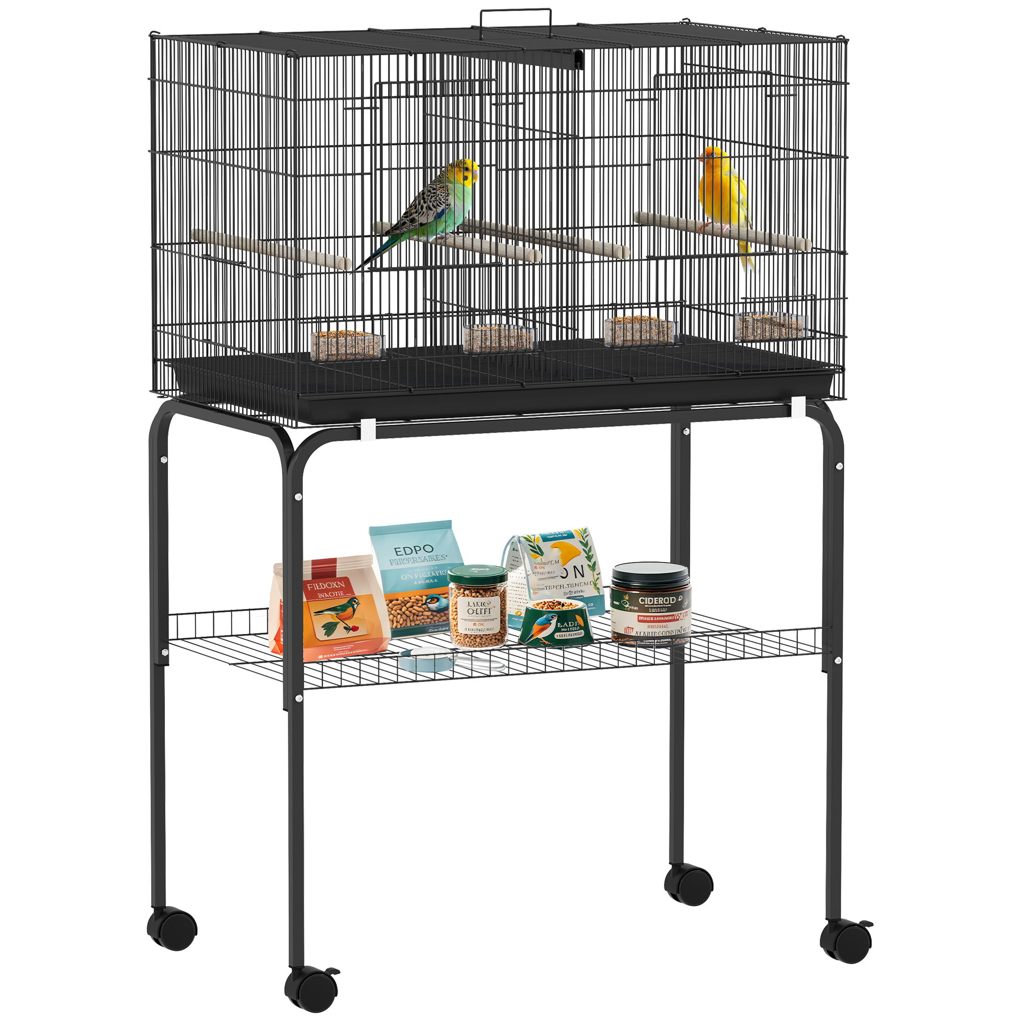 PawHut Jaula para Pájaros con Divisor Jaula con Ruedas para Mascota Aves Loros Canarios Pajarera con Comederos Perchas y Bandeja Extraíble 76x46x116 cm