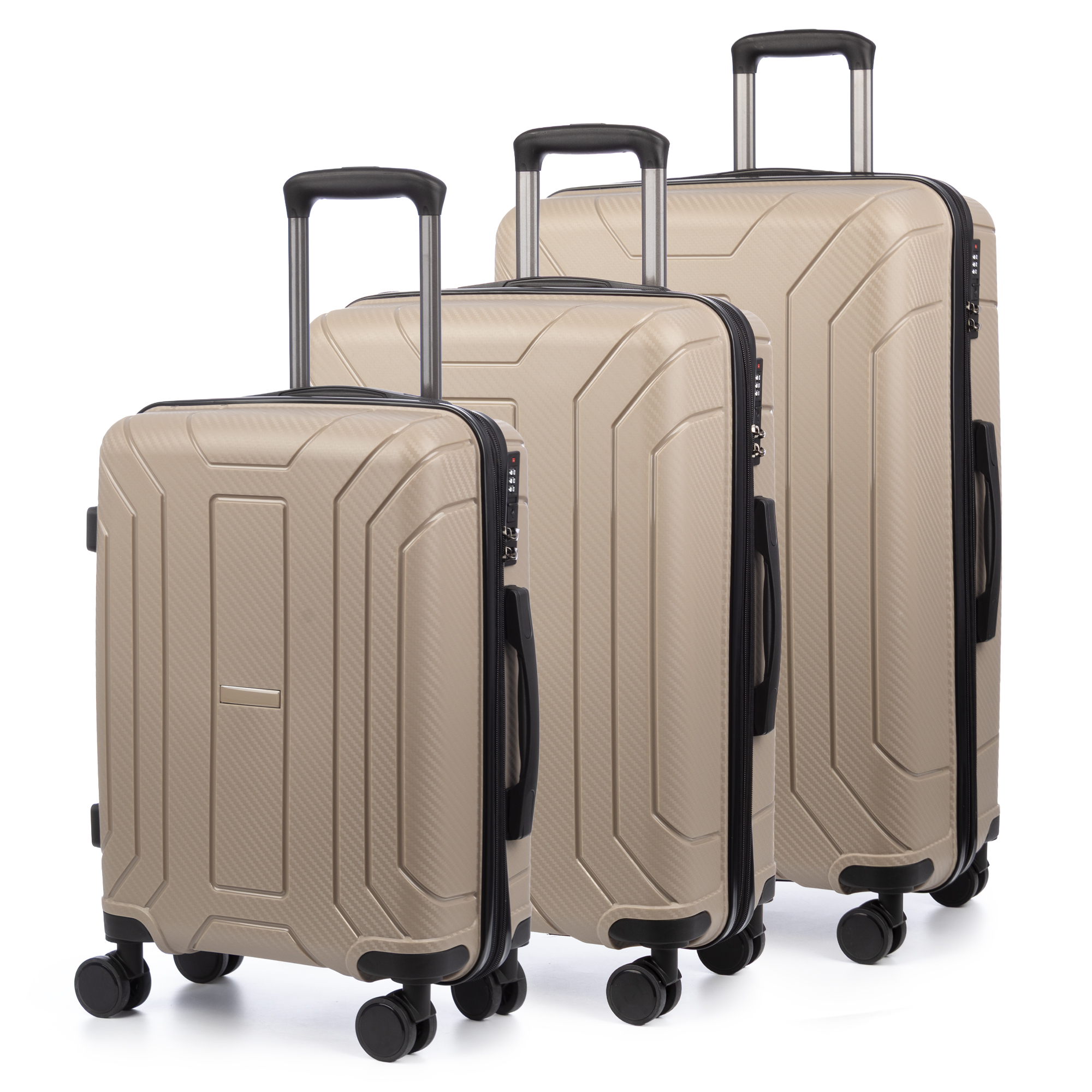 DAM Juego de 3 maletas trolley expandibles de PP resistente a la rotura. Cerradura TSA numérica, 4 ruedas dobles giratorias 360°. 49x29x75 Cm.