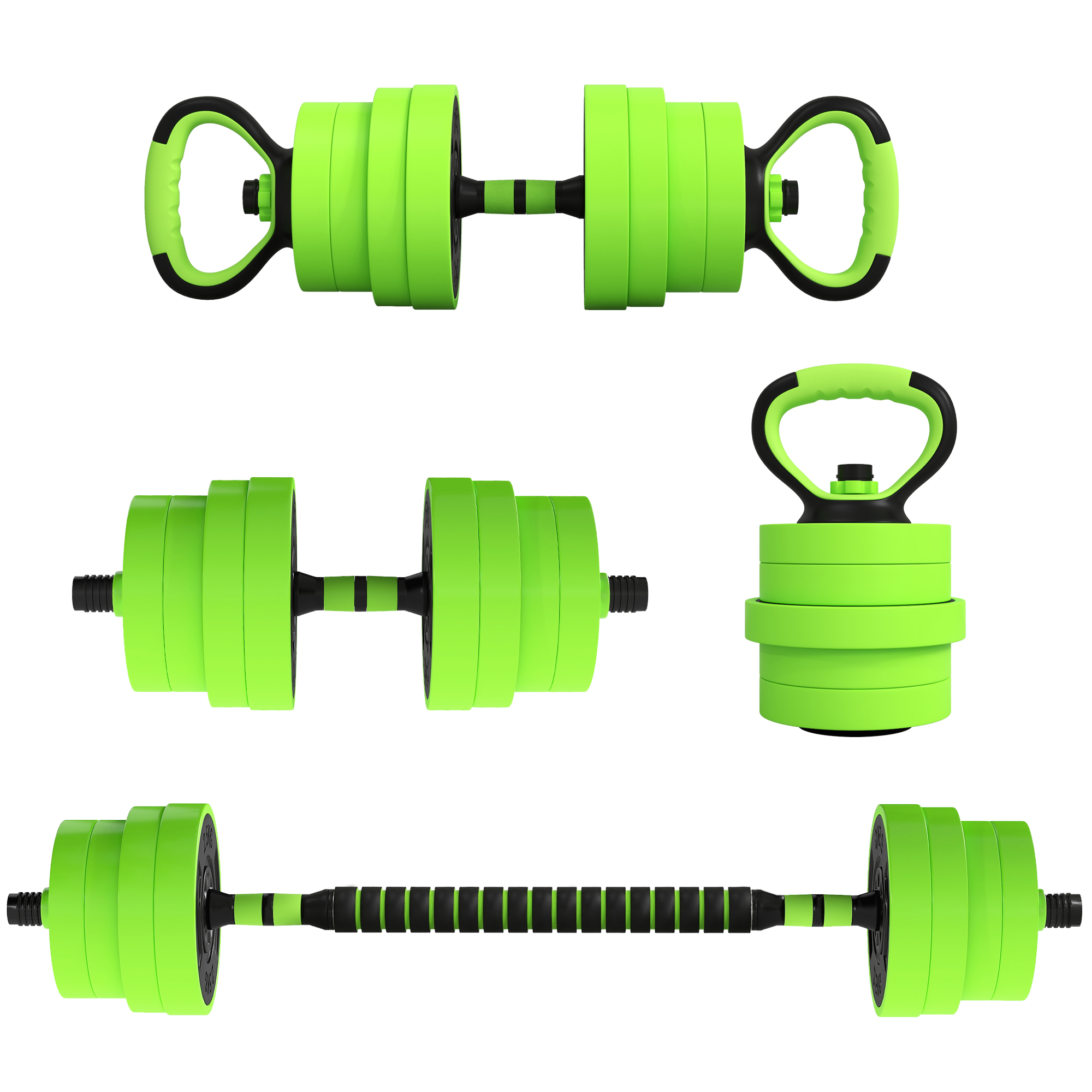 SPORTNOW Juego de Mancuernas Ajustables 4 en 1 30kg, Juego de Pesas como Kettlebell, Barra, Mancuernas o Soporte para Flexiones, Equipo de Fitness para Hombres y Mujeres, Casa Gimnasio Verde