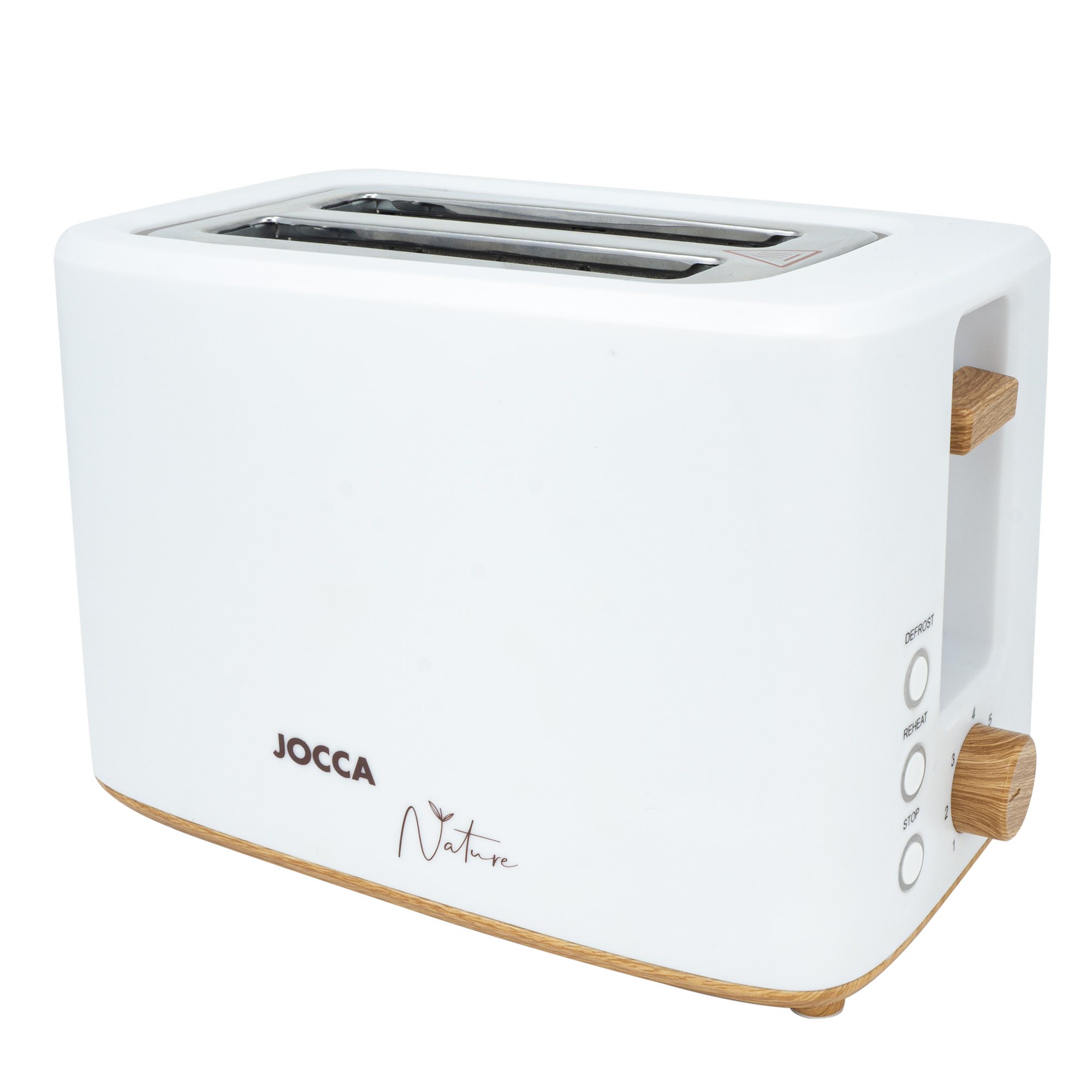 Tostador Jocca de la línea Nature con dobre ranura ancha para diferentes tipos de panes y bollerías con un tostado uniforme, cuenta con 7 niveles de tostados, función de descongelar, recalentar y cancelar. 700W de potencia.