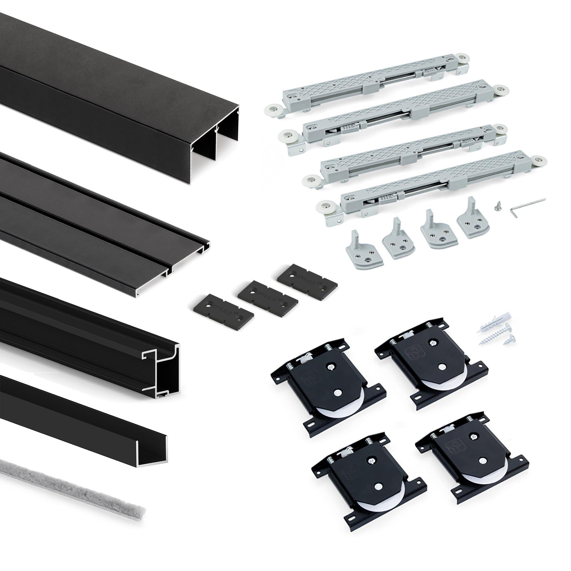 Kit de herrajes para armario de 2 puertas correderas y cierre suave placard 74, perfil sharp, espesor 16mm, tableros no incluidos, pintado negro