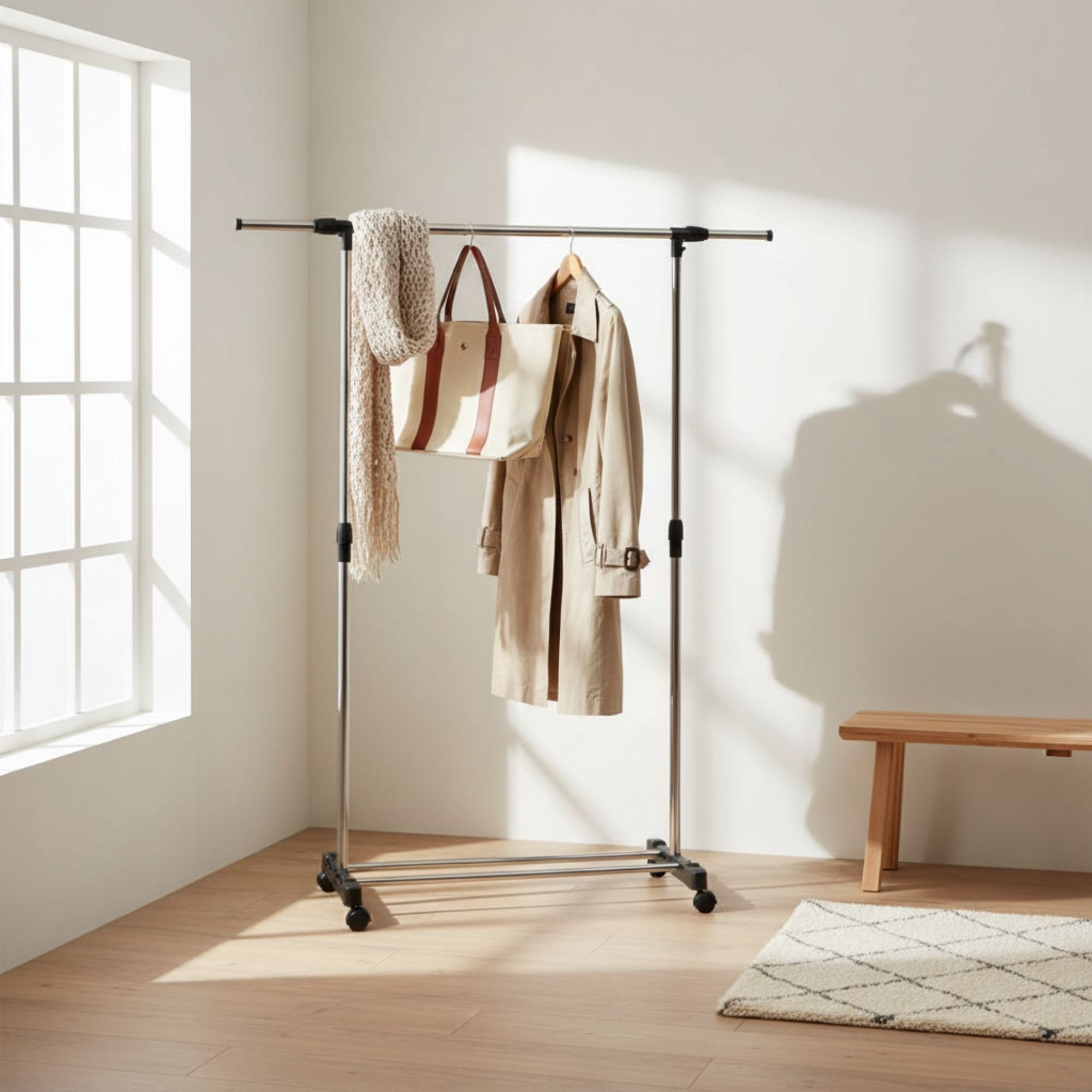 MOBLEKIT | Percheros de Pie y Percheros Extensibles de Metal y Madera, Burros de Ropa con Opciones Ajustables, con Ruedas o Estantes, Organizadores para Dormitorio, Entrada y Hogar