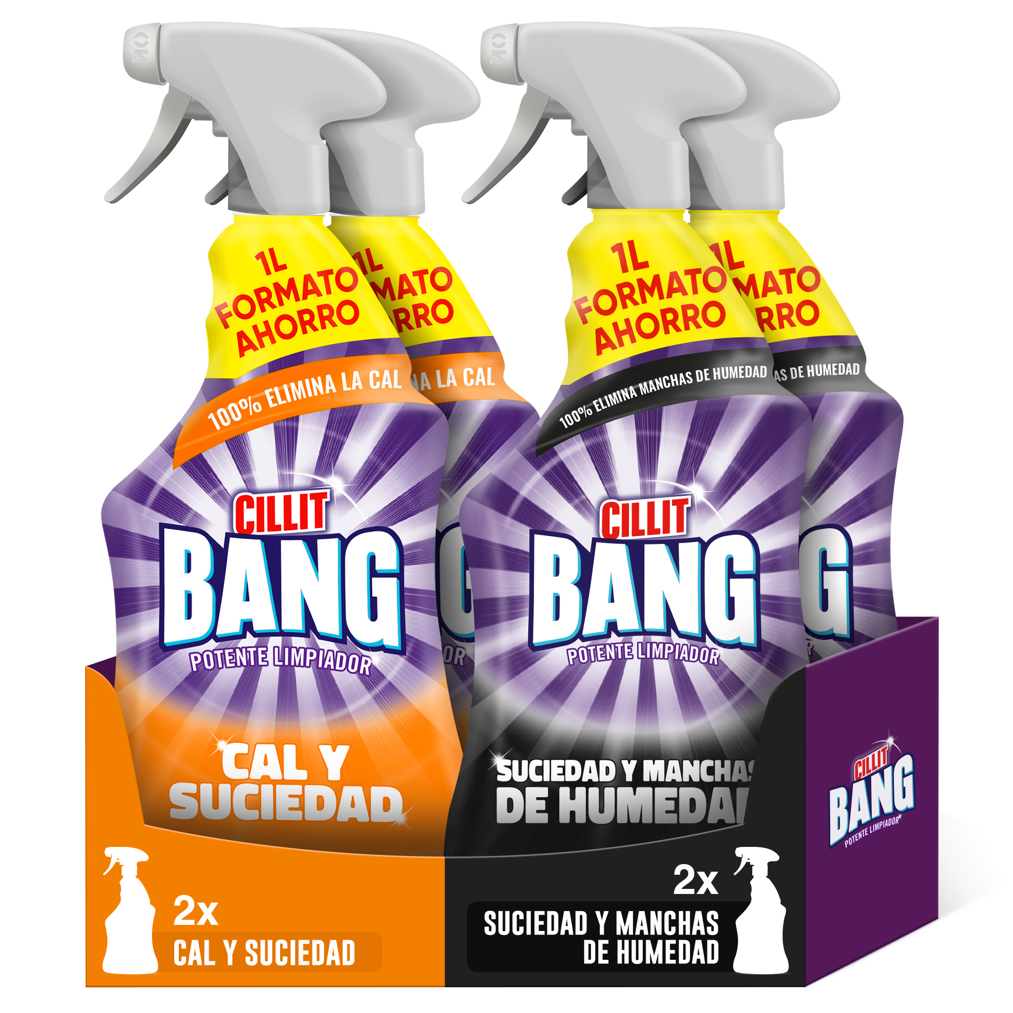 Cillit Bang - Pack 2 sprays Cal y Suciedad 1L + 2 sprays Suciedad y humedad  manchas negras para baño 1L