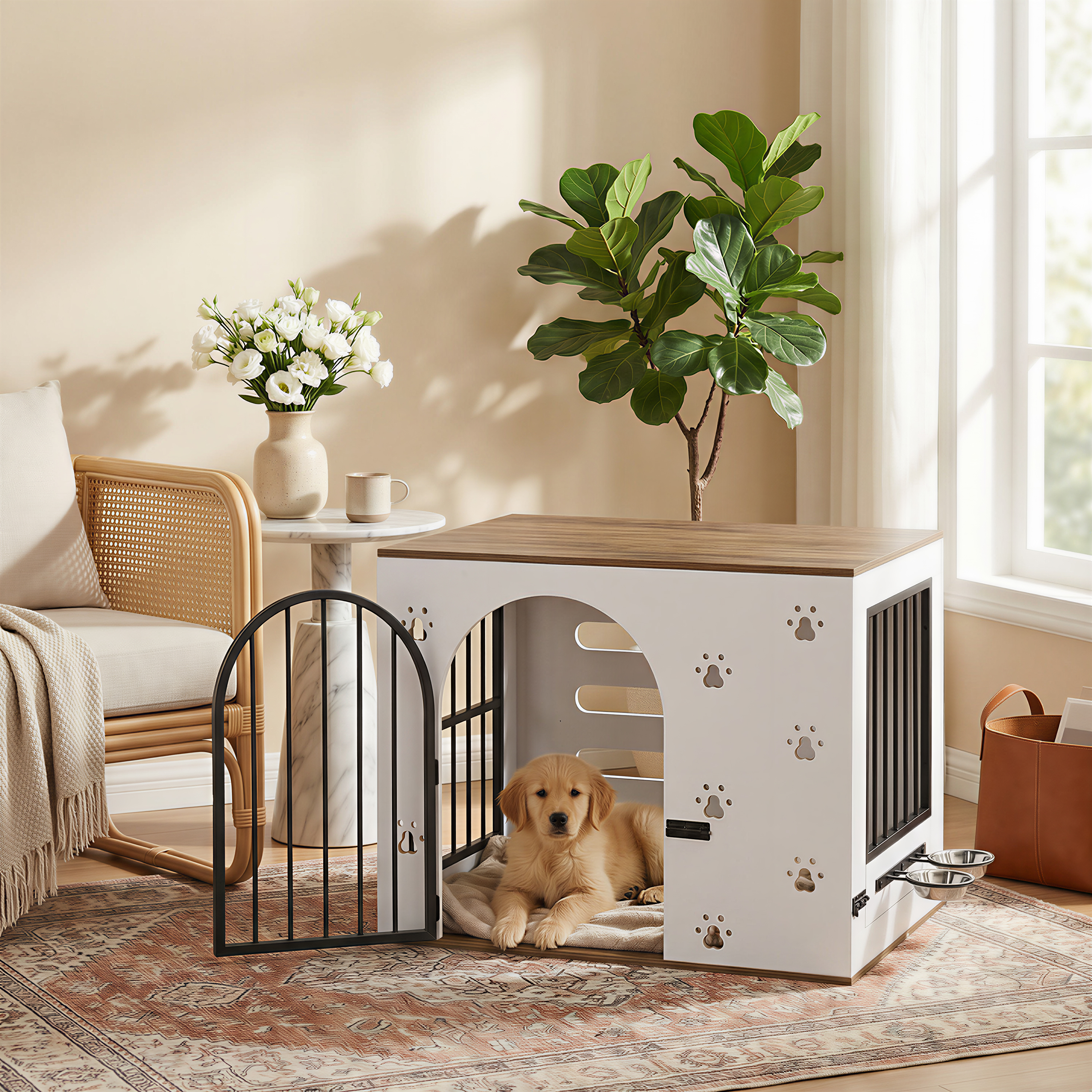 Meuble cage pour chien blanc et chêne clair avec station de repas intégrée et 2 gamelles en inox