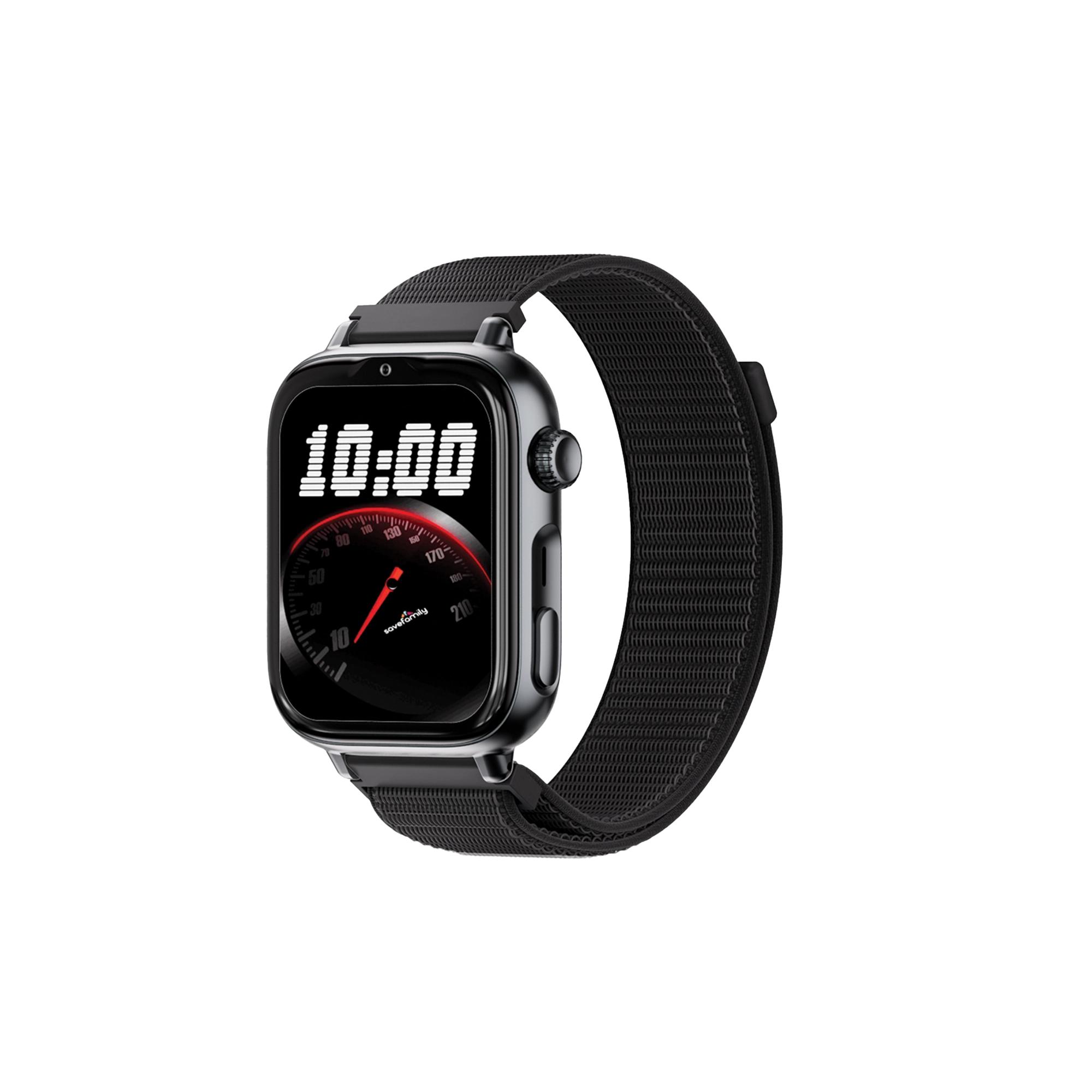 SaveFamily SaveWatch Plus 2 Reloj Inteligente Niño con Localizador GPS, Inteligencia Artificial, IA, Llamada, Vídeo, Whatsapp, Spotify, App Store Carcasa Negra y Correa Tela Color Black Night SmartWatch Save Watch NO INCLUYE SIM