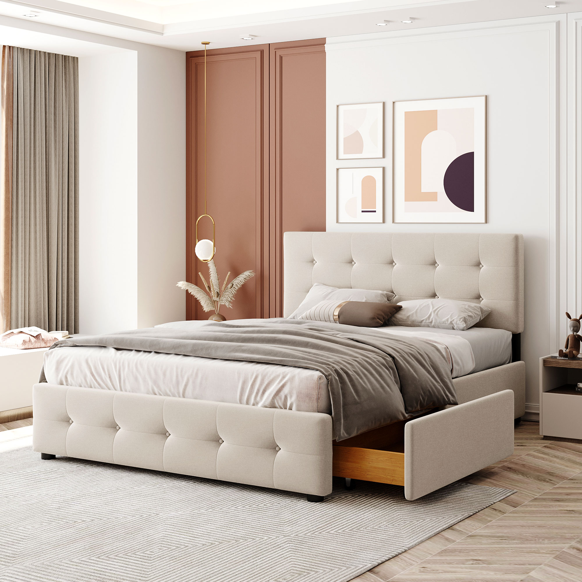 Lit double rembourré beige 140 x 200 cm avec tiroirs de rangement, sommier à lattes et tête de lit