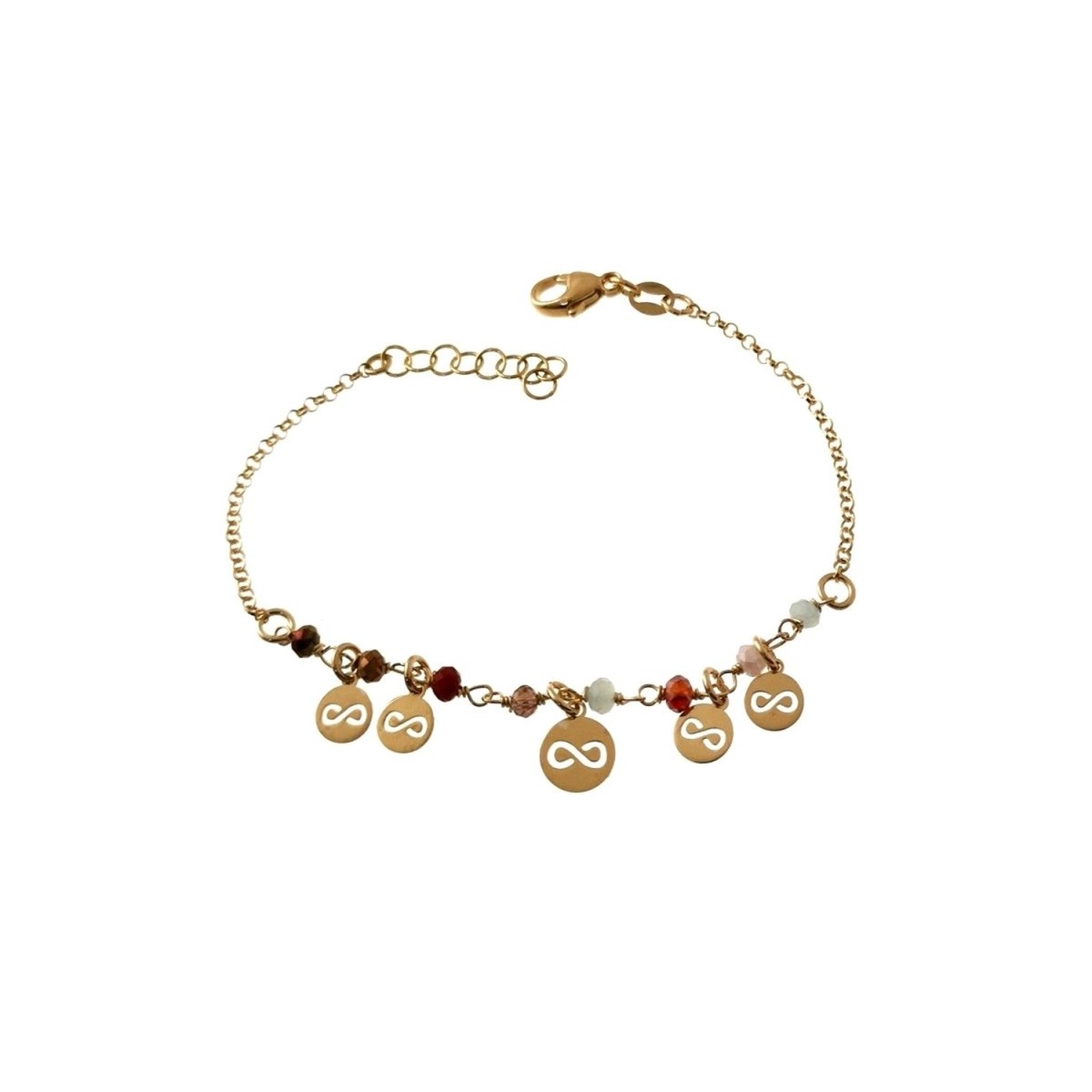 Pulsera plata Ley 925m chapada oro 17cm. piedras colores discos infinitos calados colgando