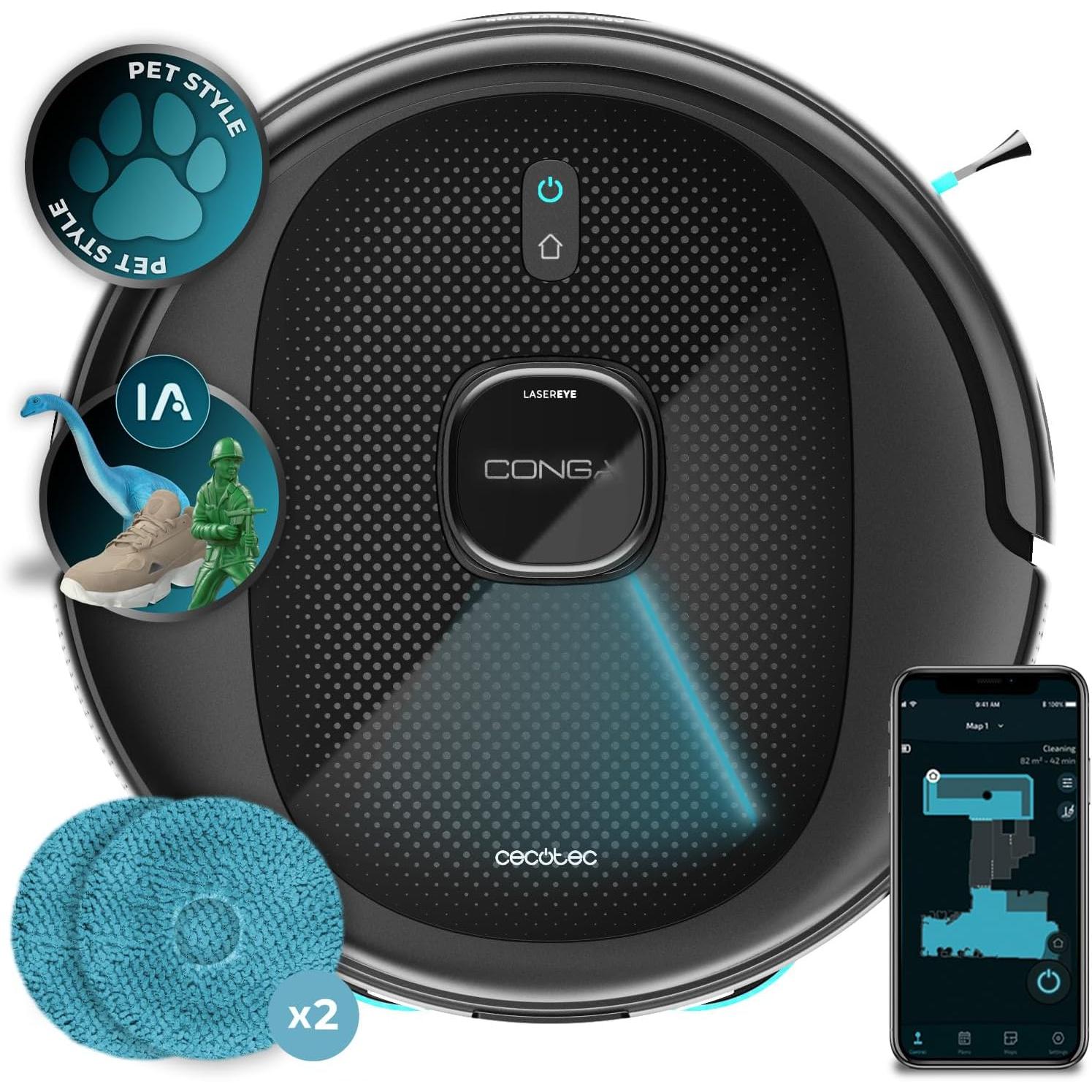 Cecotec Robot Aspirador y Friegasuelos con IA Conga 9990 AI Spin Revolution Ultra Power. 10000Pa, Navegación Inteligente, Barre, Aspira, Friega y Pasa Las Mopas, Autonomía 240mins, Cepillo Silicona