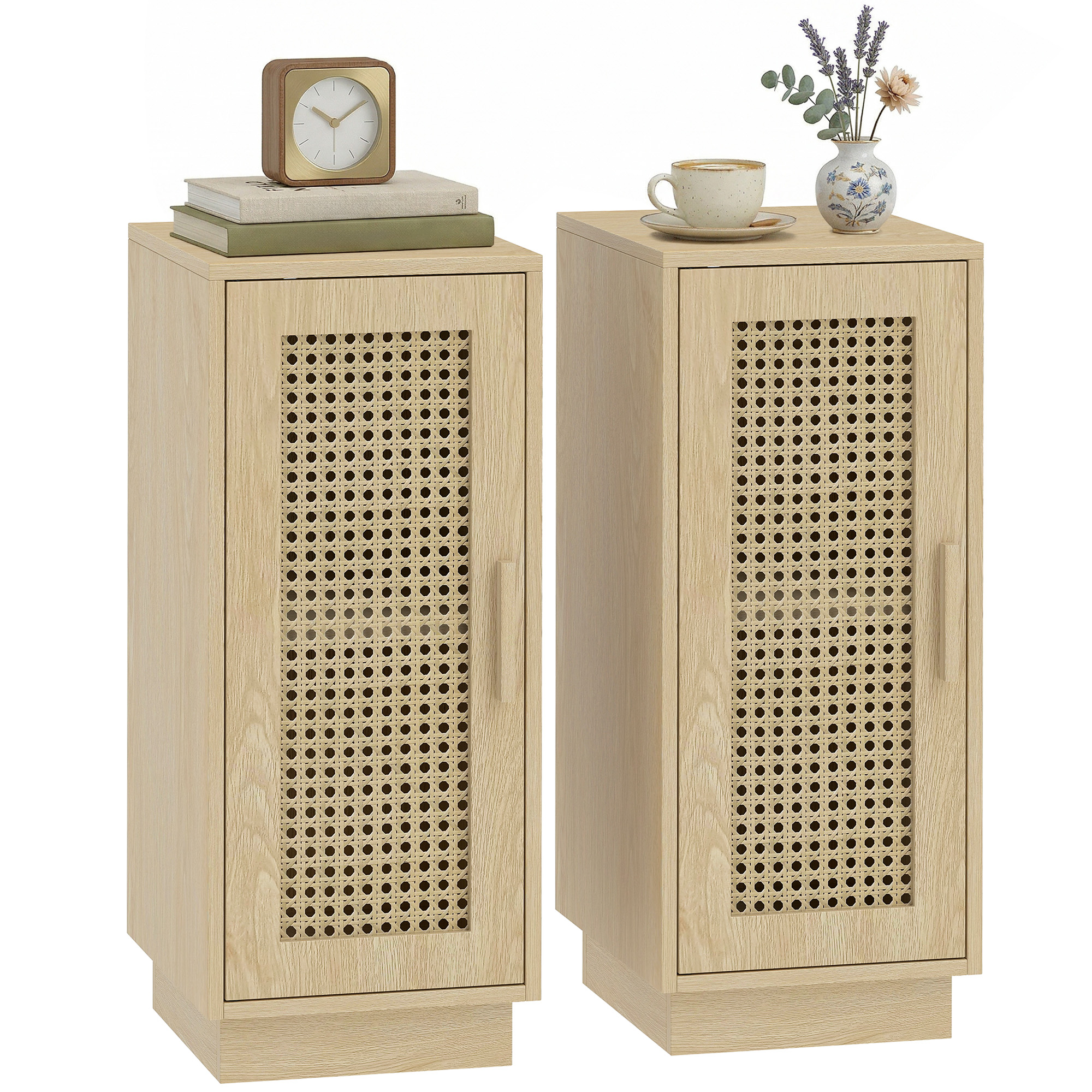HOMCOM Conjunto de 2 Mesitas de Noche con Puerta de Ratán, Mesillas de Noche, Estilo Boho, con Estante Ajustable, Mesitas para Espacios Pequeños, Salón, Dormitorio, 25x30x60 cm, Madera Natural
