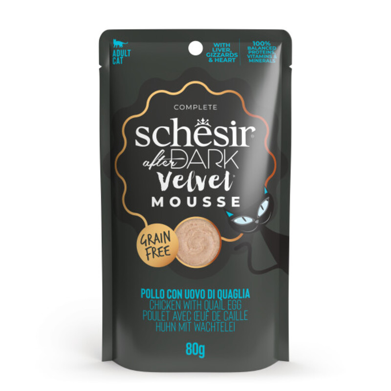 Schesir - Comida húmeda After Dark en mousse de pollo y ternera para gatos adultos, alta digestibilidad y sabor irresistible, pack 12 unidades
