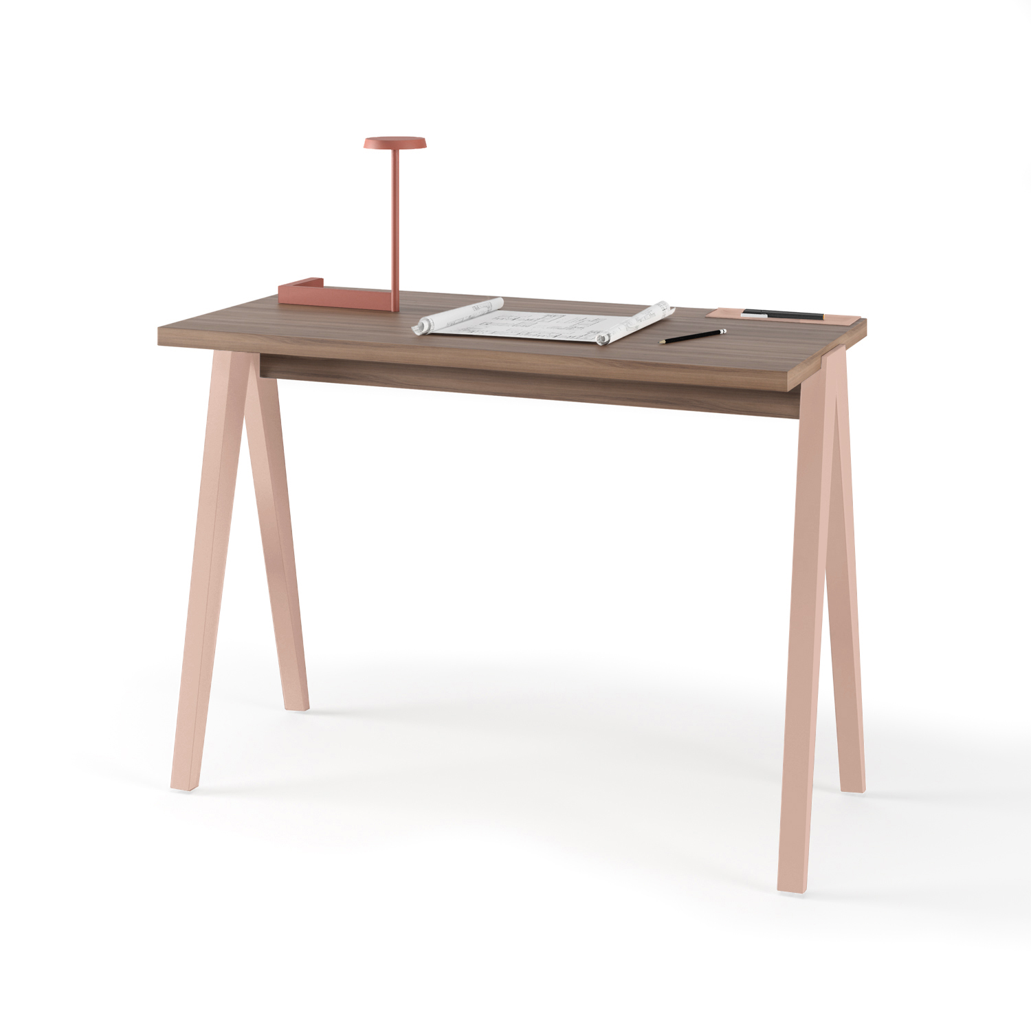 Escritorio de Herdasa modelo 629 de la colección COMPÁS, en melamina nogal y patas lacadas