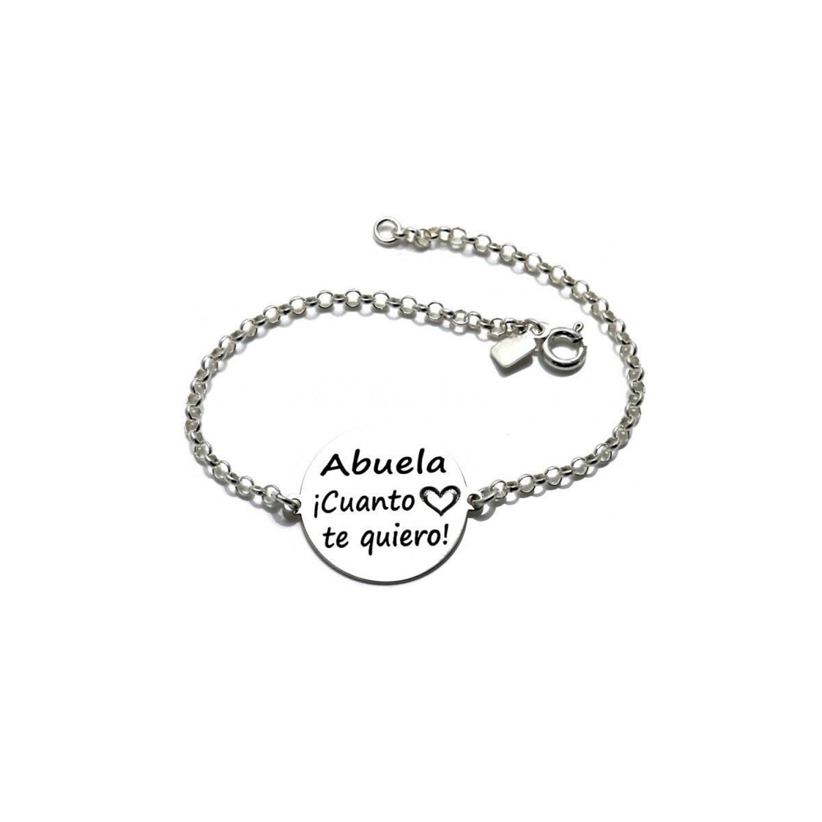 Pulsera plata Ley 925m cadena rolo 18cm. chapa 20mm. ABUELA ¡CUÁNTO TE QUIERO! corazón