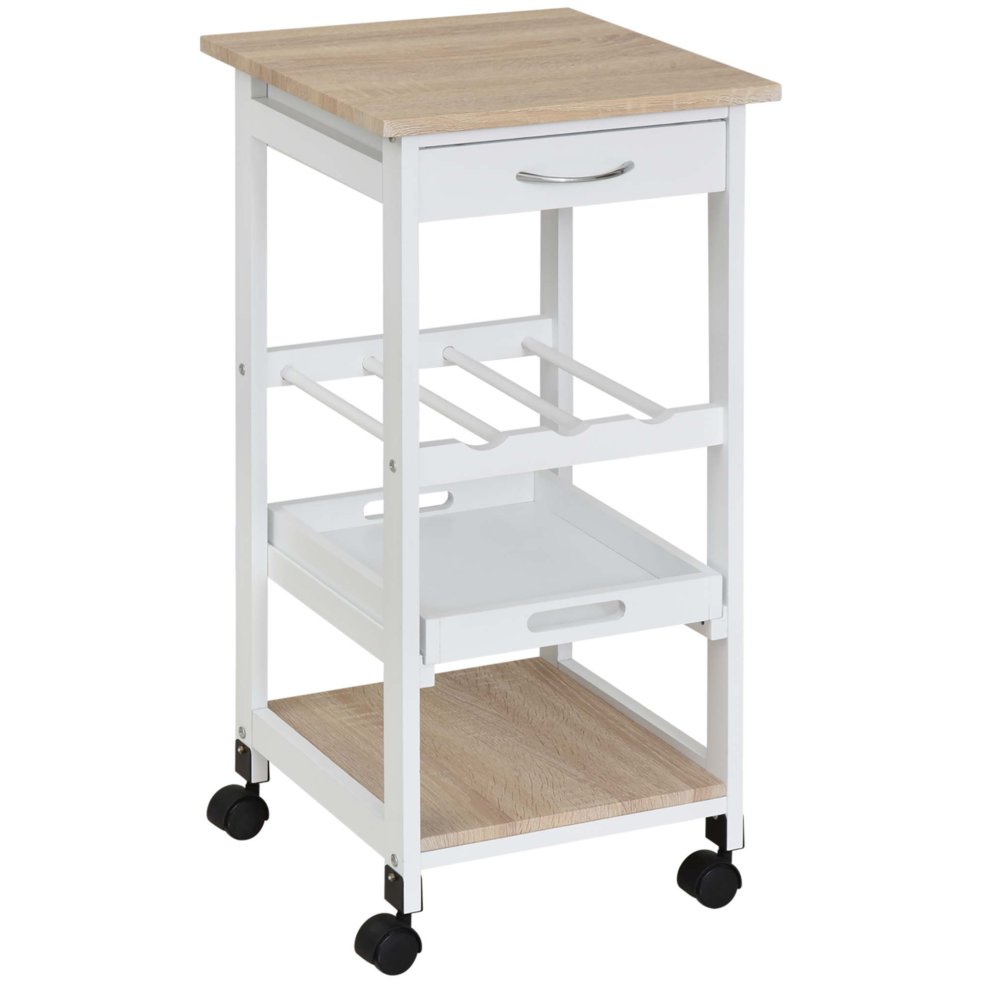 HOMCOM Carrito de Cocina Carro de Servicio de 4 Niveles con Ruedas Cajón Estantes Botellero Almacenaje para Cocina Sala de Estar Comedor 37x37x76 cm Blanco