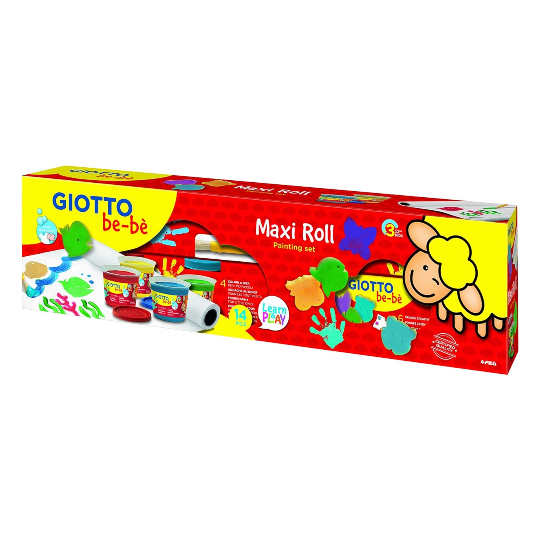 GIOTTO Set Pintura de Dedos Maxi Roll para Niños | Incluye Botes de Pintura de Dedos, Esponjas, Rollo de Papel, Delantal y Pincel