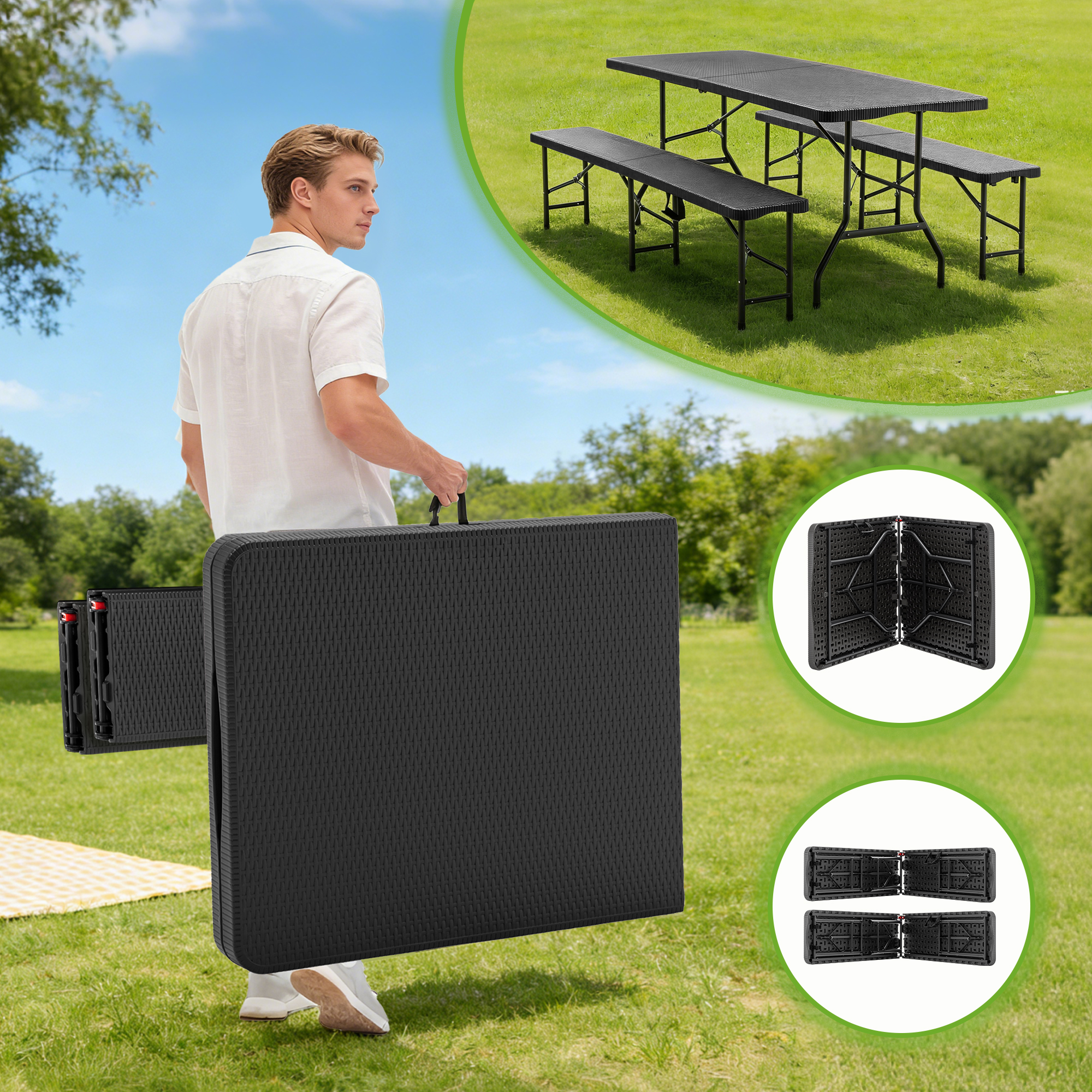 Set de pique-nique pliable avec table et 2 bancs noirs