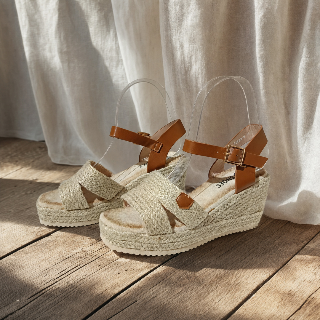 Sandalias de Cuña de Esparto en Color Marrón Camel para Mujer | Alpargatas de Yute con Tiras Cruzadas Elegantes Estilo Rústico – Nueva Temporada | Sandalias de Plataforma de Yute Natural para Invitada y Eventos