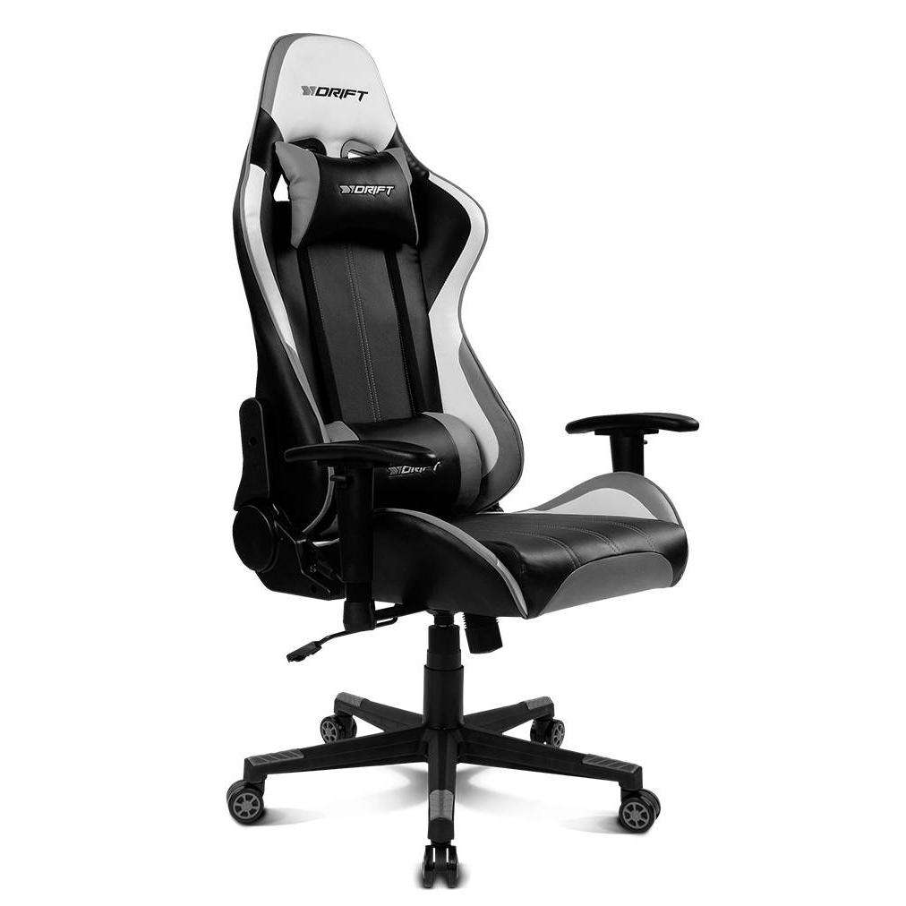DRIFT Gaming DR175GRAY- Silla Gaming Profesional, polipiel, reposabrazos ajustables 2D, piston clase 4, giratoria, mecanismo de mariposa, cojin lumbar y cervical, negro/blanco/gris