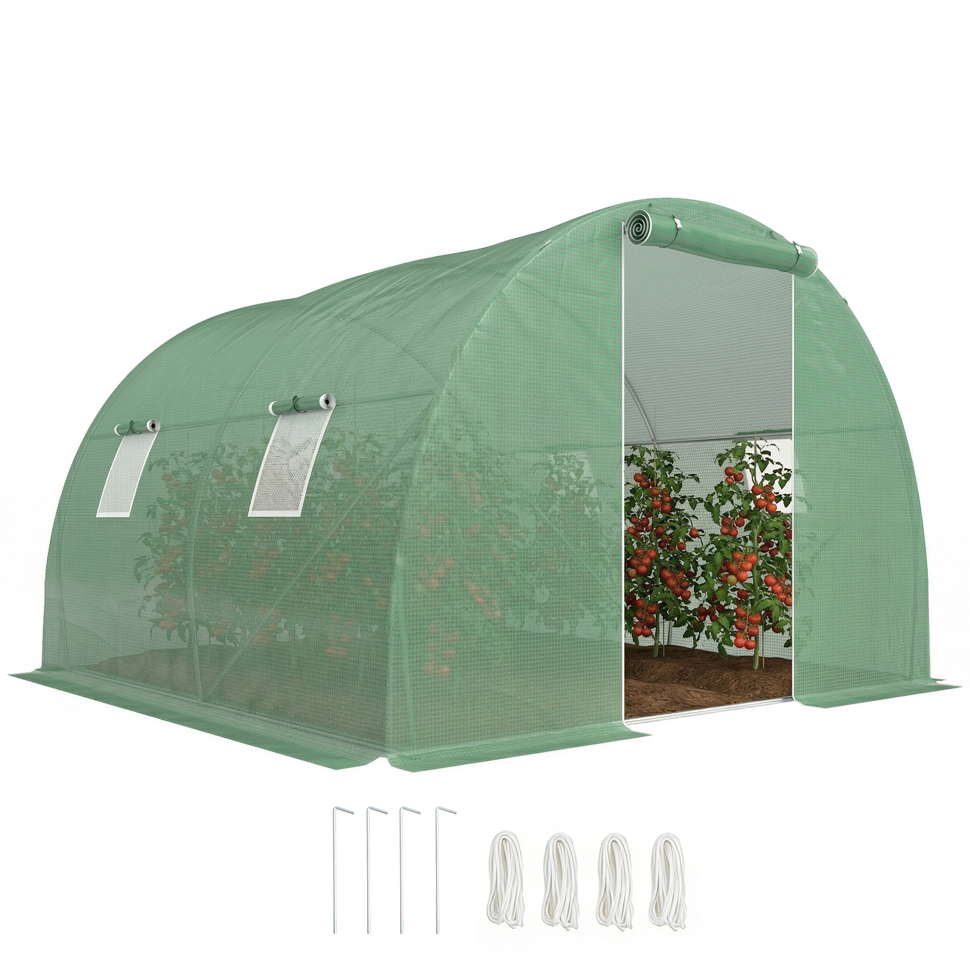 Outsunny Invernadero de Exterior 3x3x2 m, Invernadero de Túnel con Puerta Enrollable, 4 Ventanas de Malla, Cubierta PE 140g/m² y Marco de Acero Galvanizado, Anti-UV, Impermeable, para Cultivos, Verde