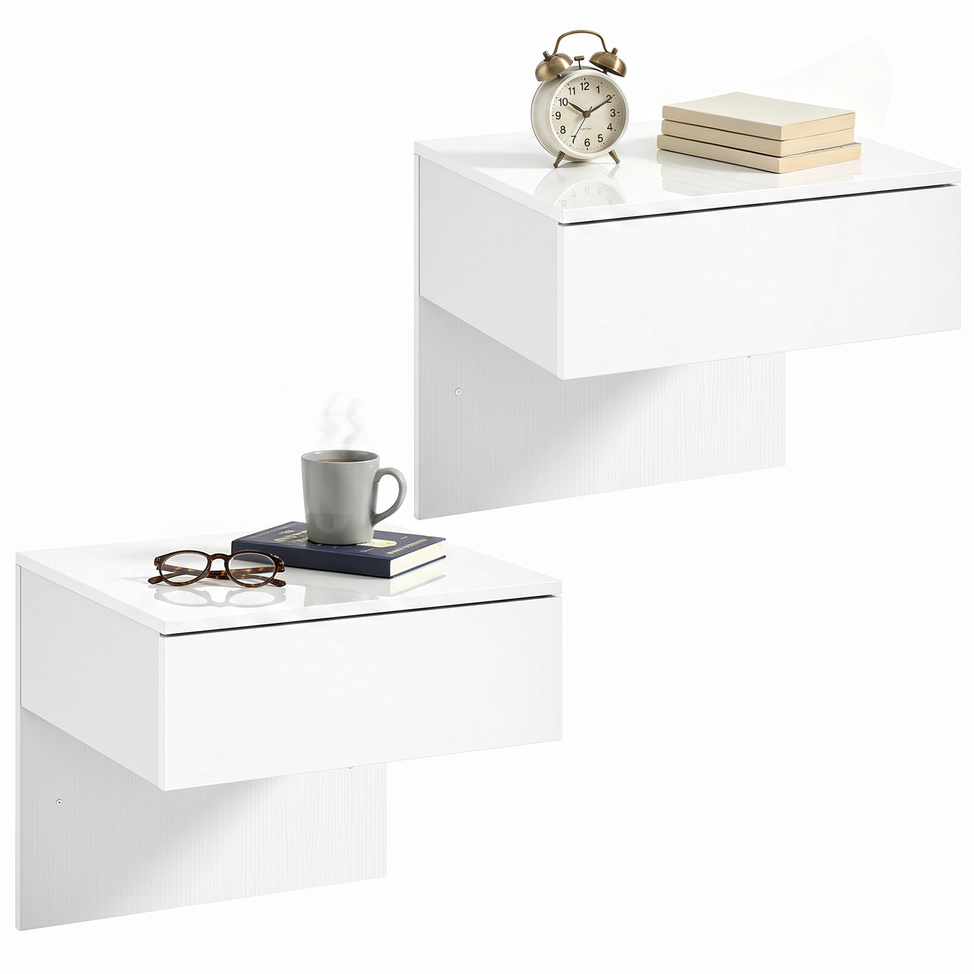 HOMCOM Juego de 2 Mesitas de Noche Flotantes con Cajón, Mesillas de Noche, Montado en la Pared, Diseño Moderno, para Dormitorio, 40x35x36,2 cm, Blanco Brillo
