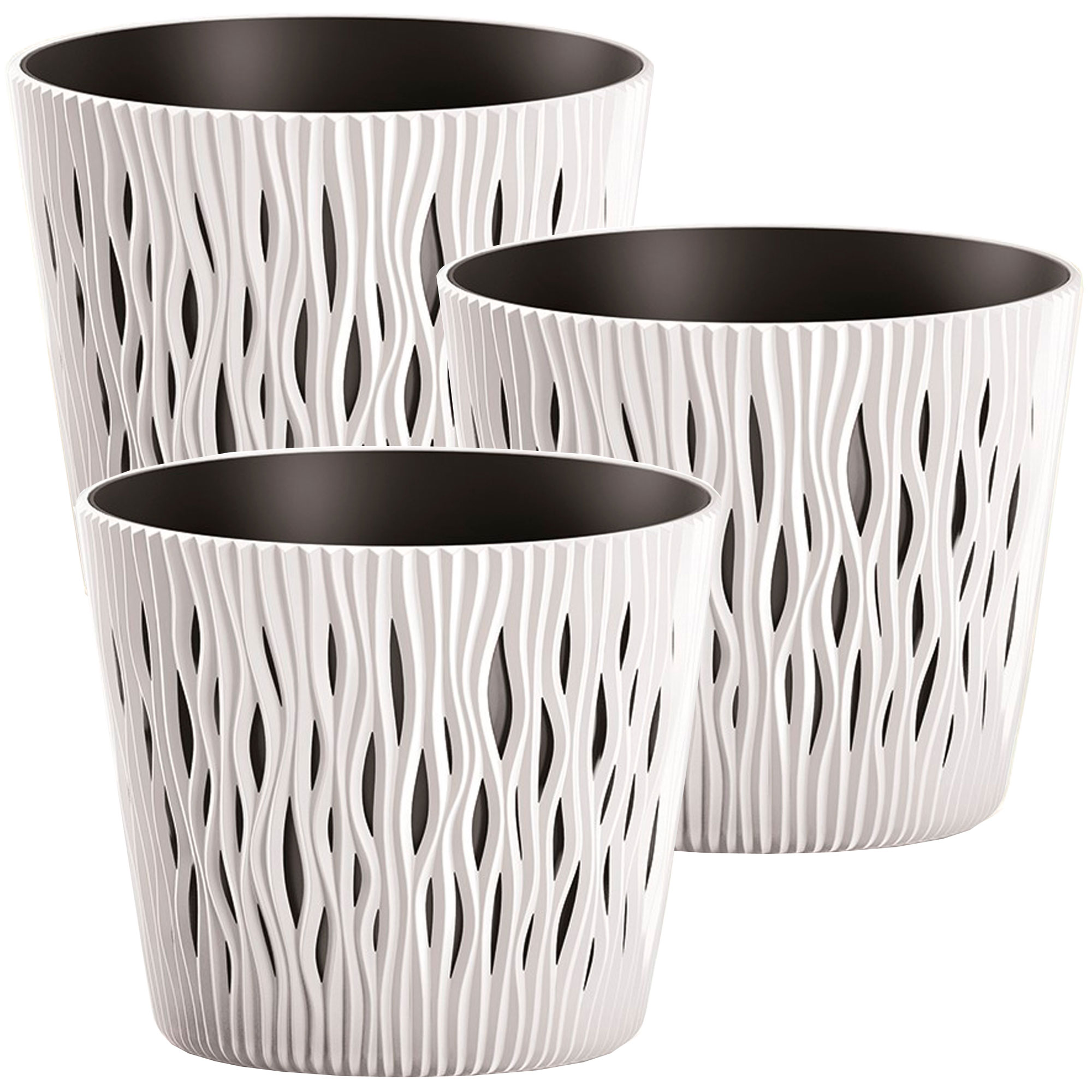 3x Maceta redonda de plastico WELLHOME Sandy Round en color blanco 22,5 (largo) x 22,5 (ancho) x 19,2 (alto) cm