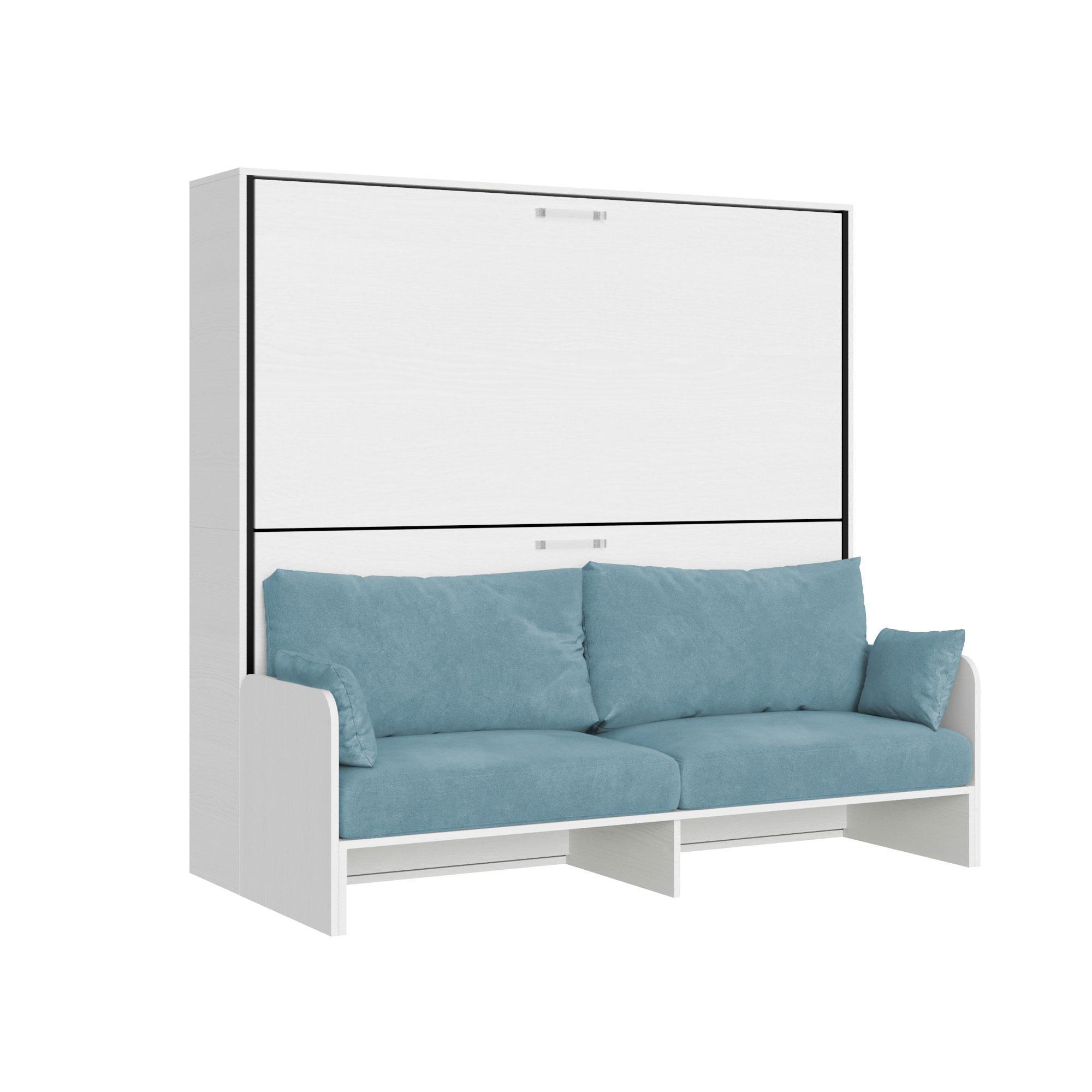 Cama doble abatible Kando con sofá de fresno blanco, azul claro - Itamoby