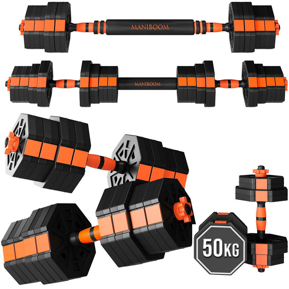 Mancuernas ajustables 2 en 1 de 10 kg a 50 kg - juego de pesas con discos recubiertos, barra recta antideslizante para gimnasio, fitness y musculación. MANIBOOM