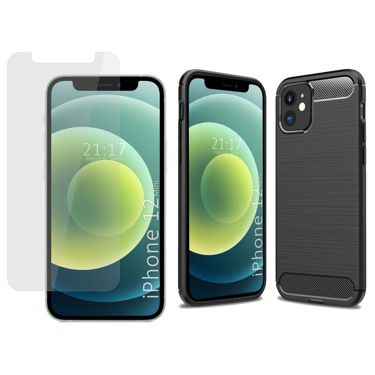 Tumundosmartphone Pack 2 En 1 Funda Gel Tipo Carbono + Protector Cristal Templado para Iphone 12 Mini (5.4)
