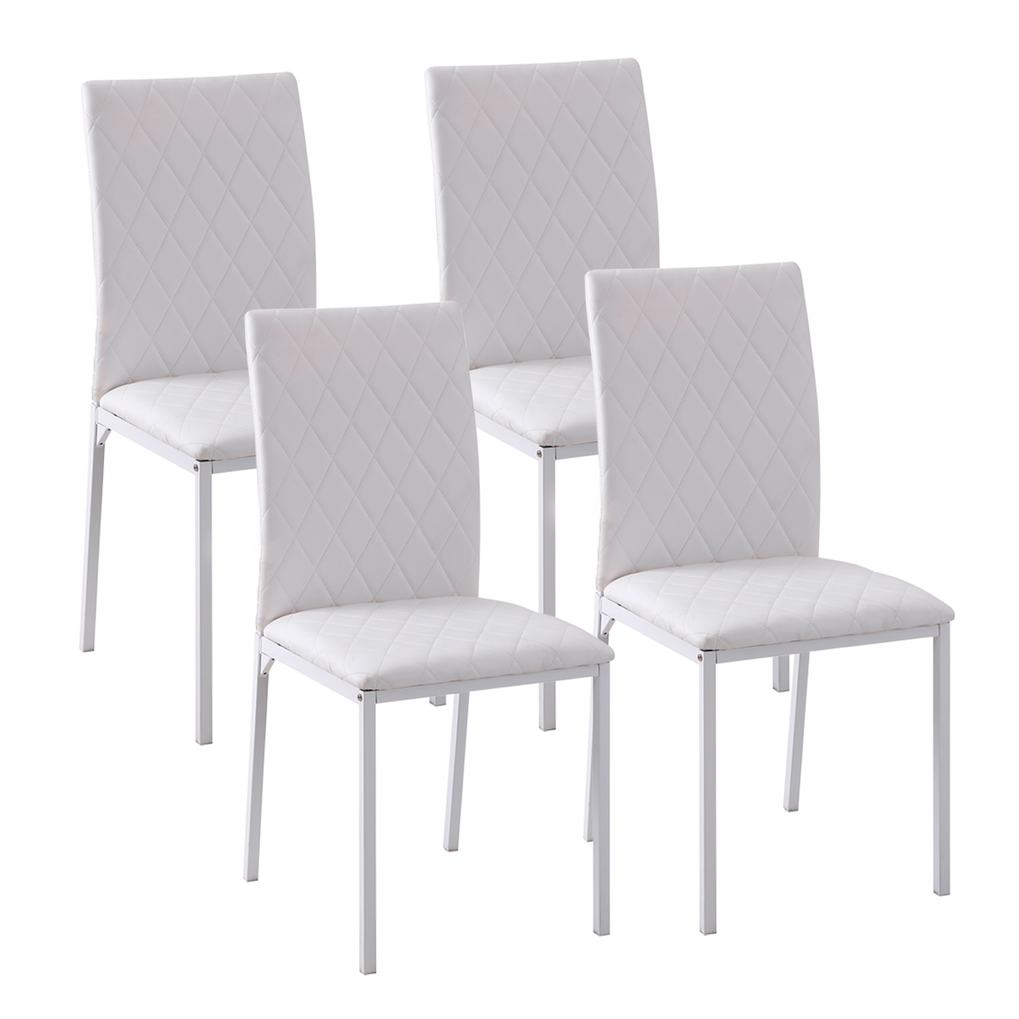 HOMCOM Pack de 4 Sillas de Comedor, Sillas de Cocinas Modernas, Respaldo Alto con Costuras Decorativas de Diamantes, Tapizadas en Cuero Sintético, Patas de Acero, Carga 120 kg, Blanco